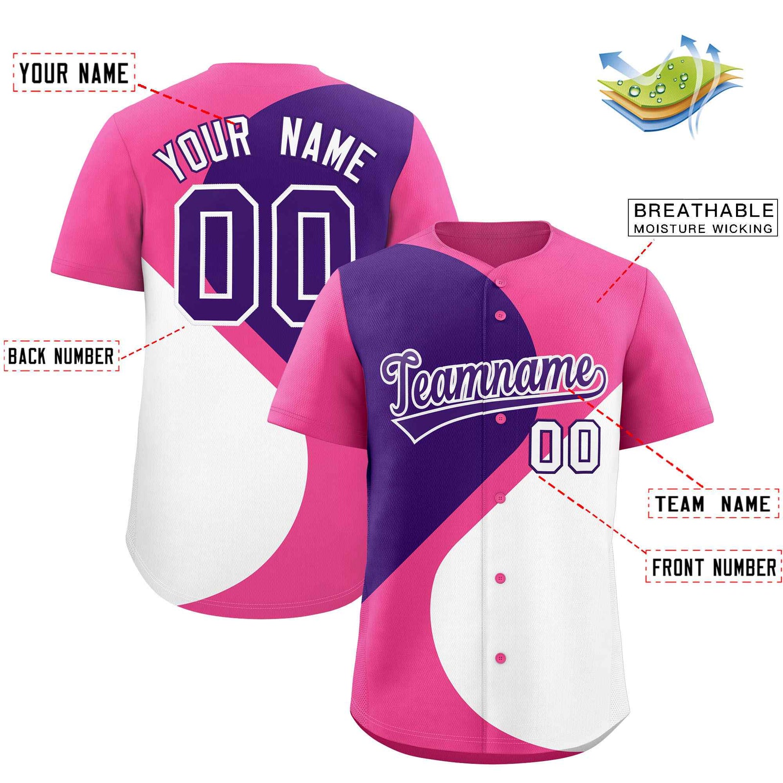 Custom Pink Purple-White Color Block Personalized Half Heart Pattern Authentic Baseball Jersey