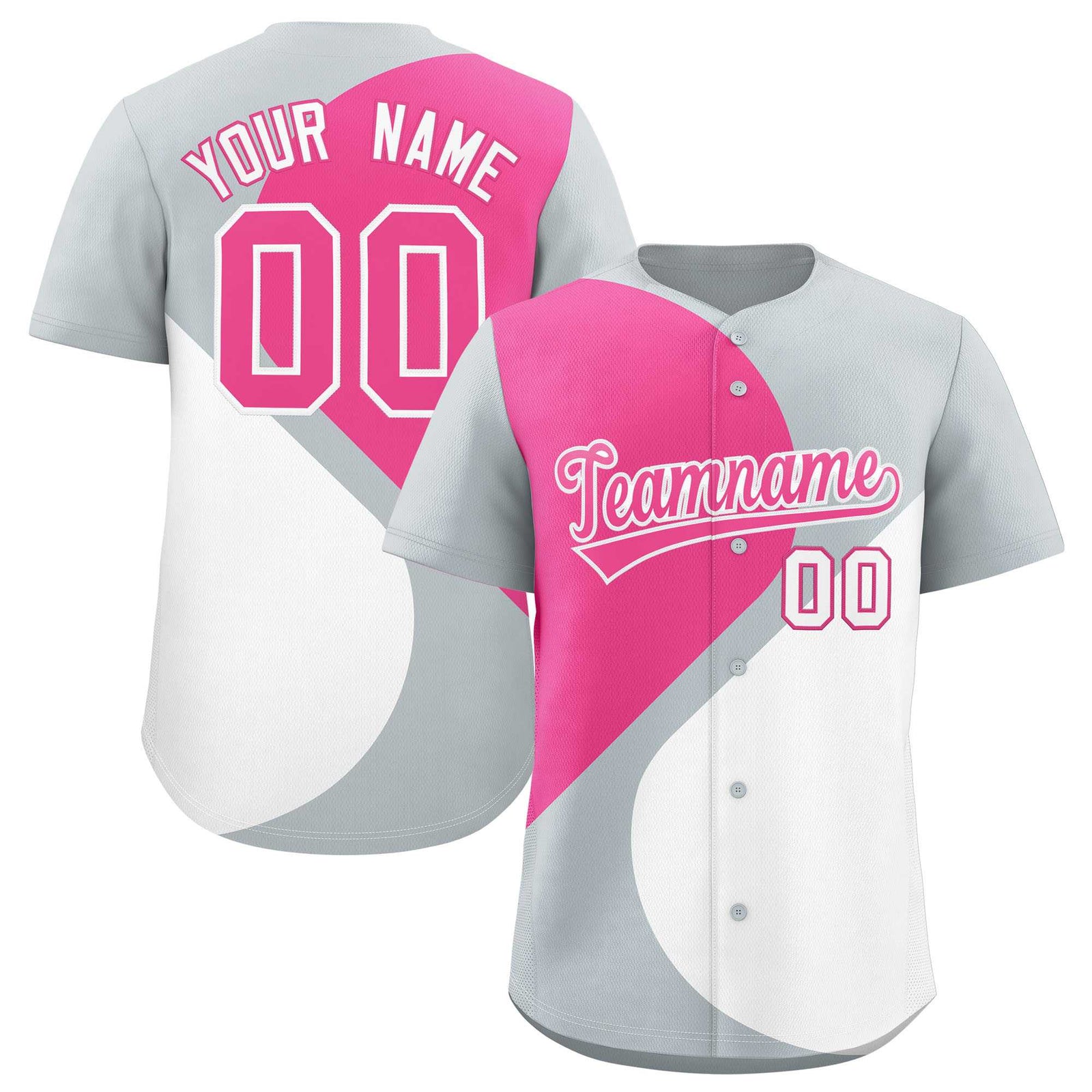 Custom Silver Pink-White Color Block Personalized Half Heart Pattern Authentic Baseball Jersey