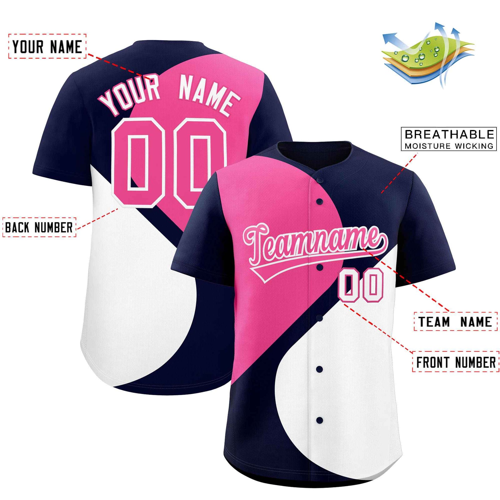 Custom Navy Pink-White Color Block Personalized Half Heart Pattern Authentic Baseball Jersey