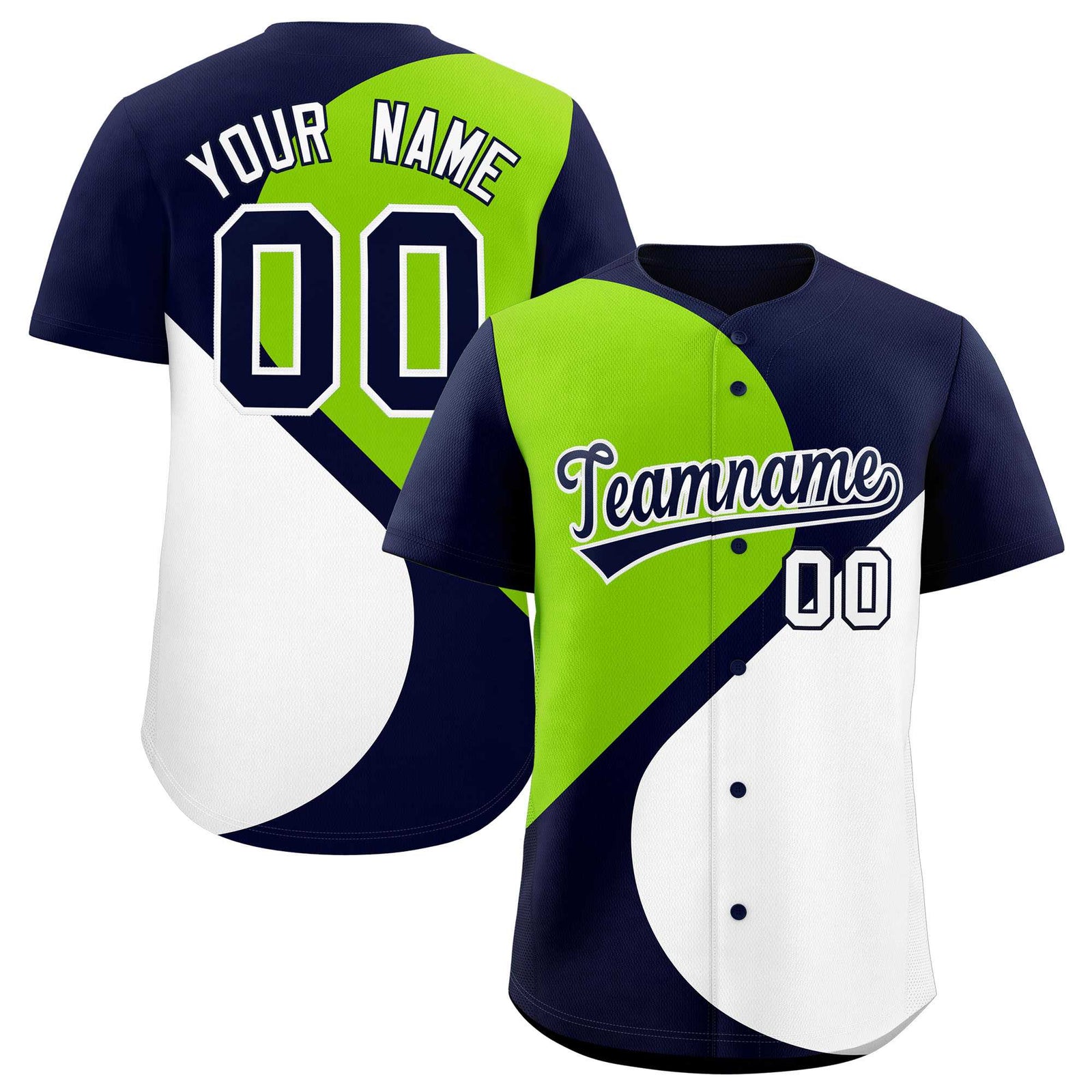 Custom Navy Neon Green-White Color Block Personalized Half Heart Pattern Authentic Baseball Jersey