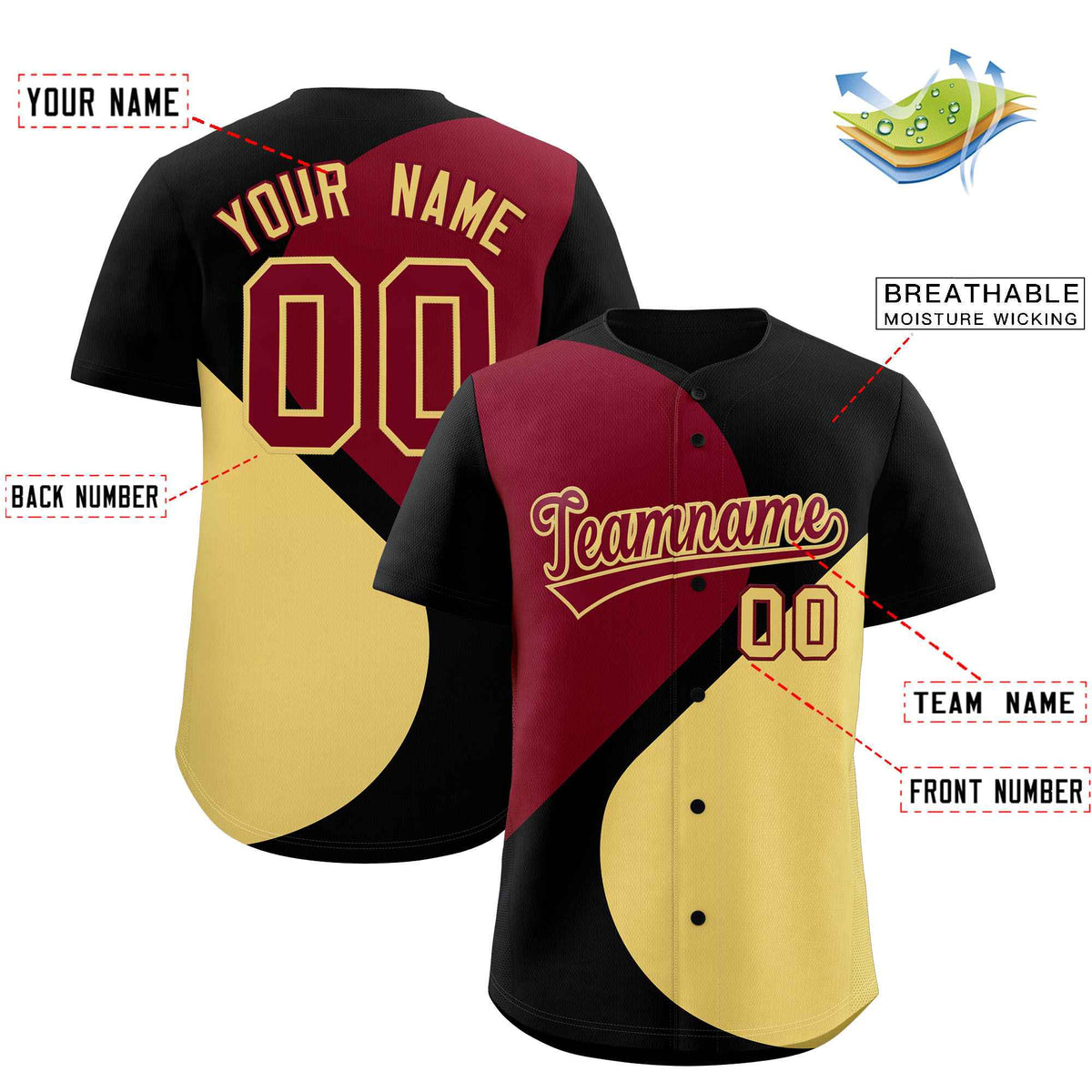 Custom Black Crimson-Khaki Color Block Personalized Half Heart Pattern Authentic Baseball Jersey