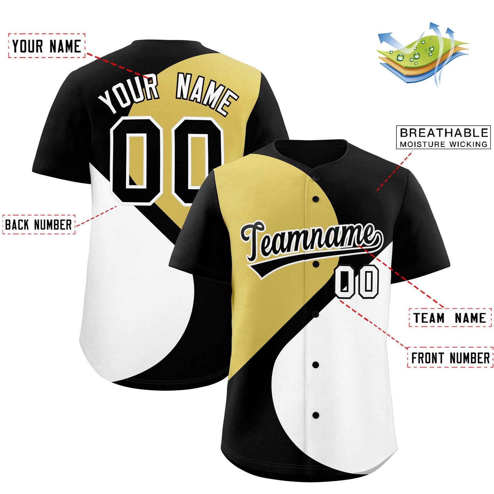 Custom Black Old Gold-White Color Block Personalized Half Heart Pattern Authentic Baseball Jersey