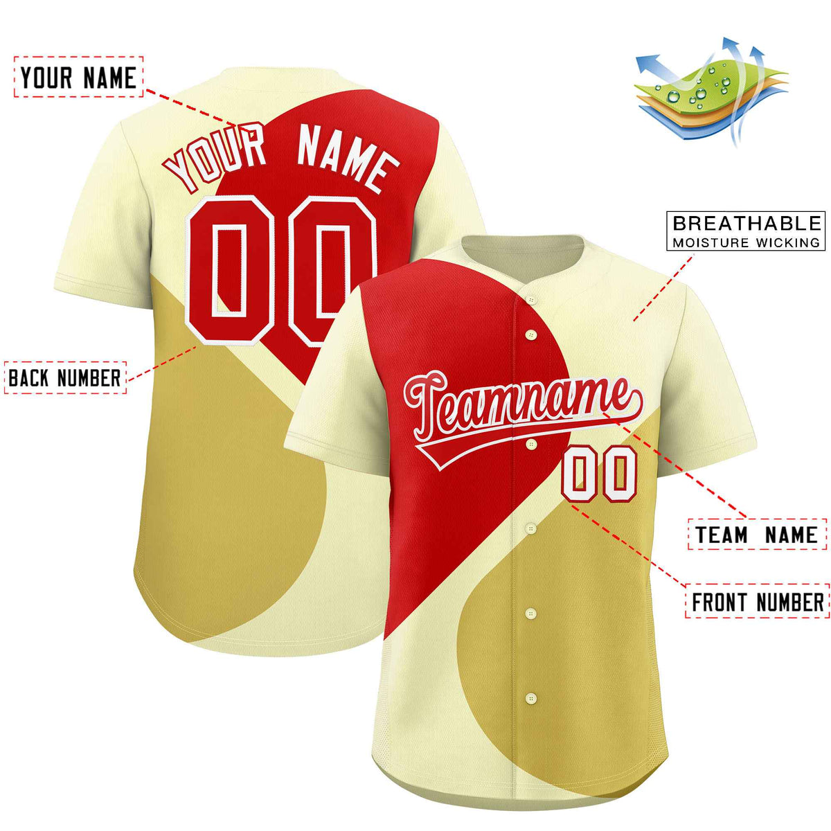 Custom Cream Red-Old Gold Color Block Personalized Half Heart Pattern Authentic Baseball Jersey