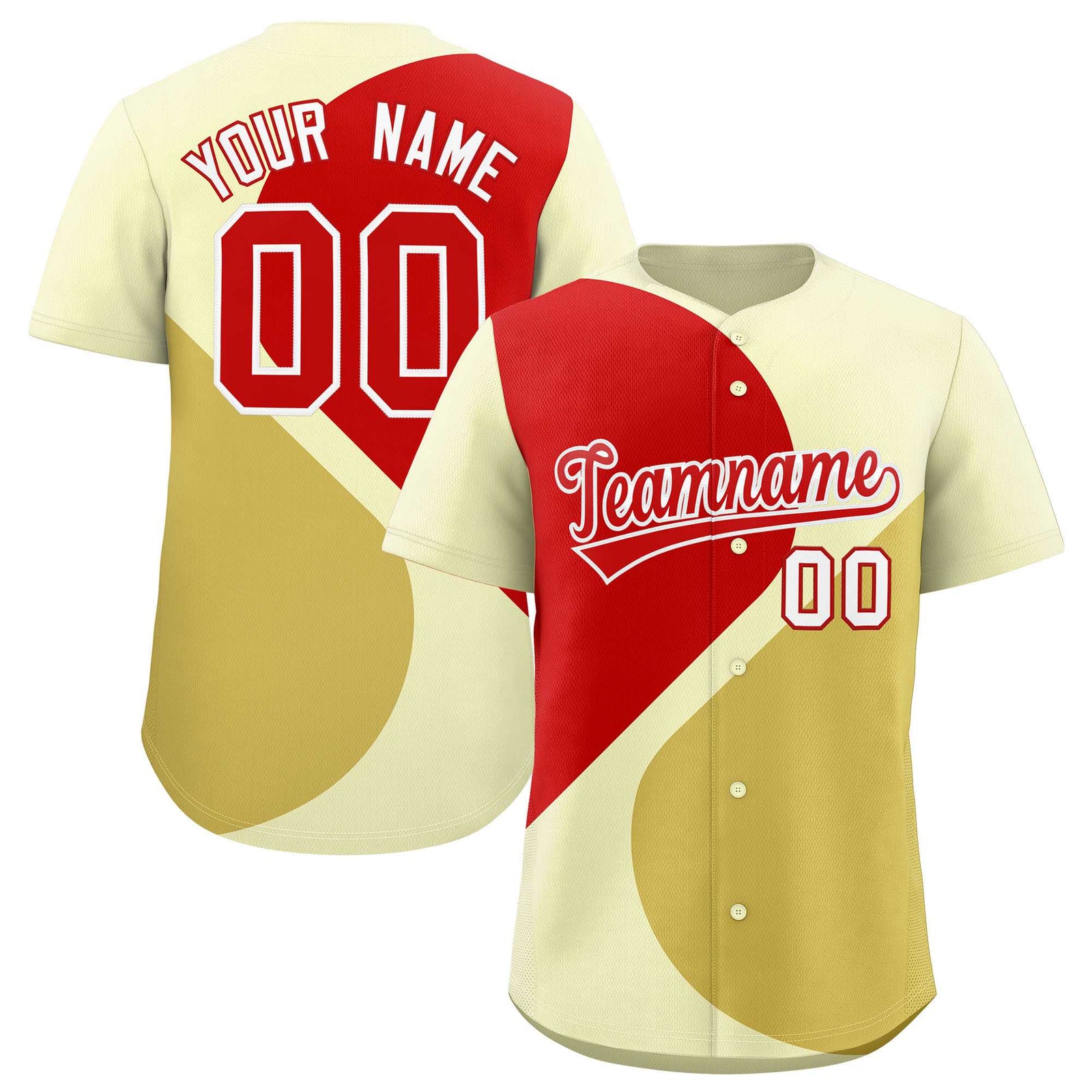 Custom Cream Red-Old Gold Color Block Personalized Half Heart Pattern Authentic Baseball Jersey