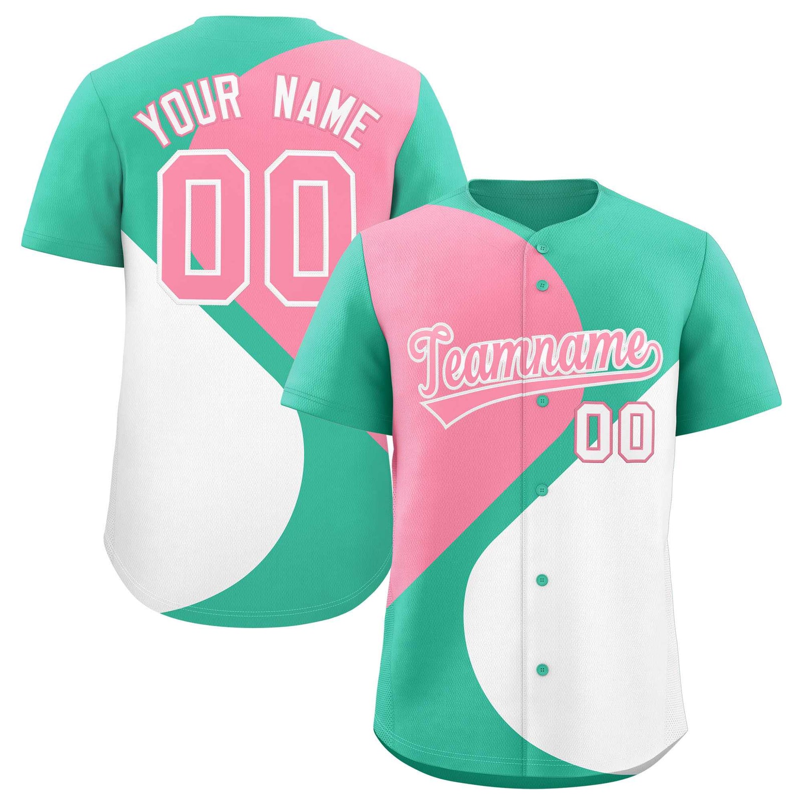 Custom Bright Green Light Pink-White Color Block Personalized Half Heart Pattern Authentic Baseball Jersey