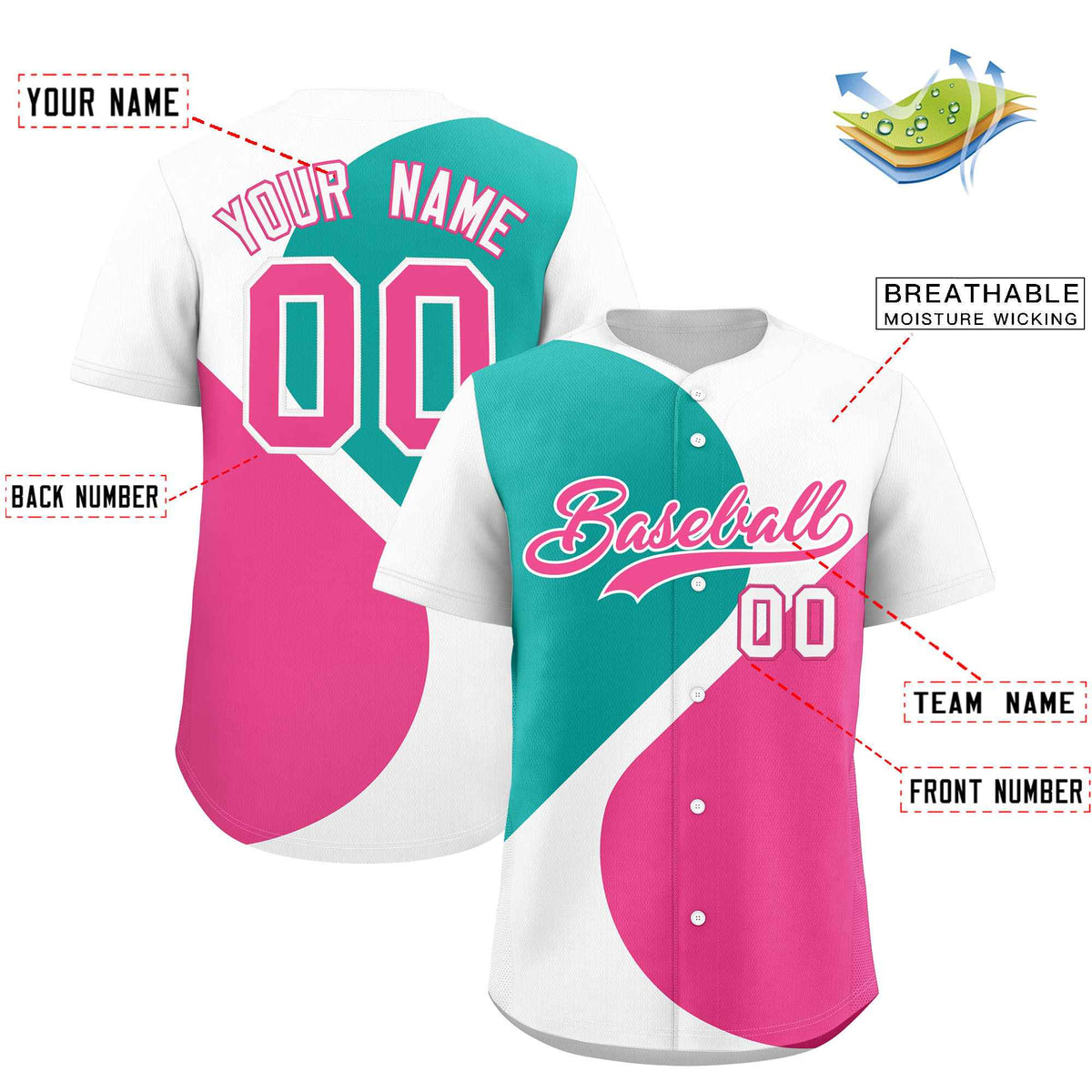 Custom White Aqua-Pink Color Block Personalized Half Heart Pattern Authentic Baseball Jersey