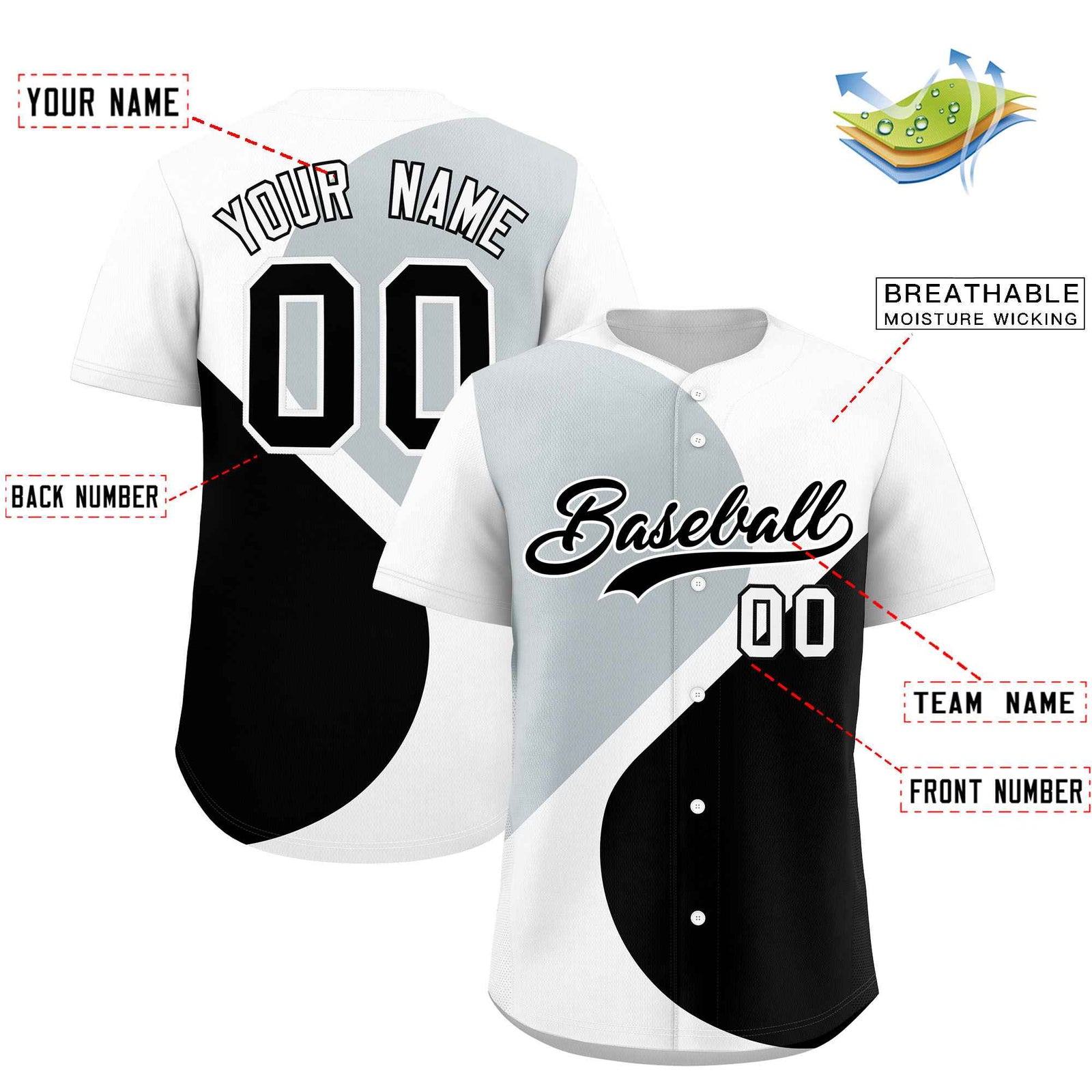 Custom White Silver-Black Color Block Personalized Half Heart Pattern Authentic Baseball Jersey