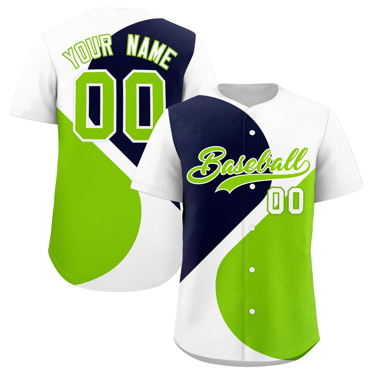 Custom White Navy-Neon Green Color Block Personalized Half Heart Pattern Authentic Baseball Jersey