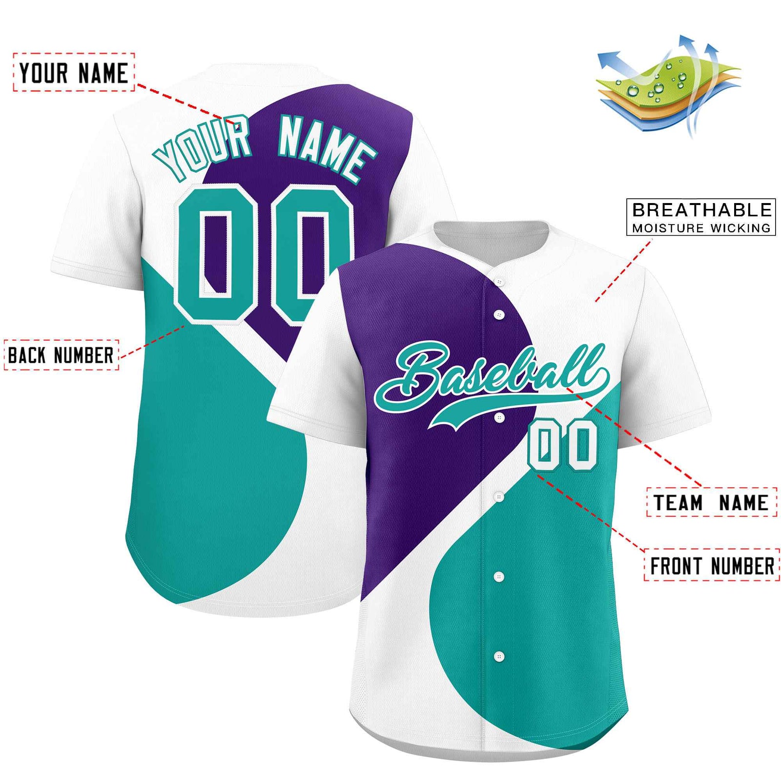 Custom White Purple-Aqua Color Block Personalized Half Heart Pattern Authentic Baseball Jersey