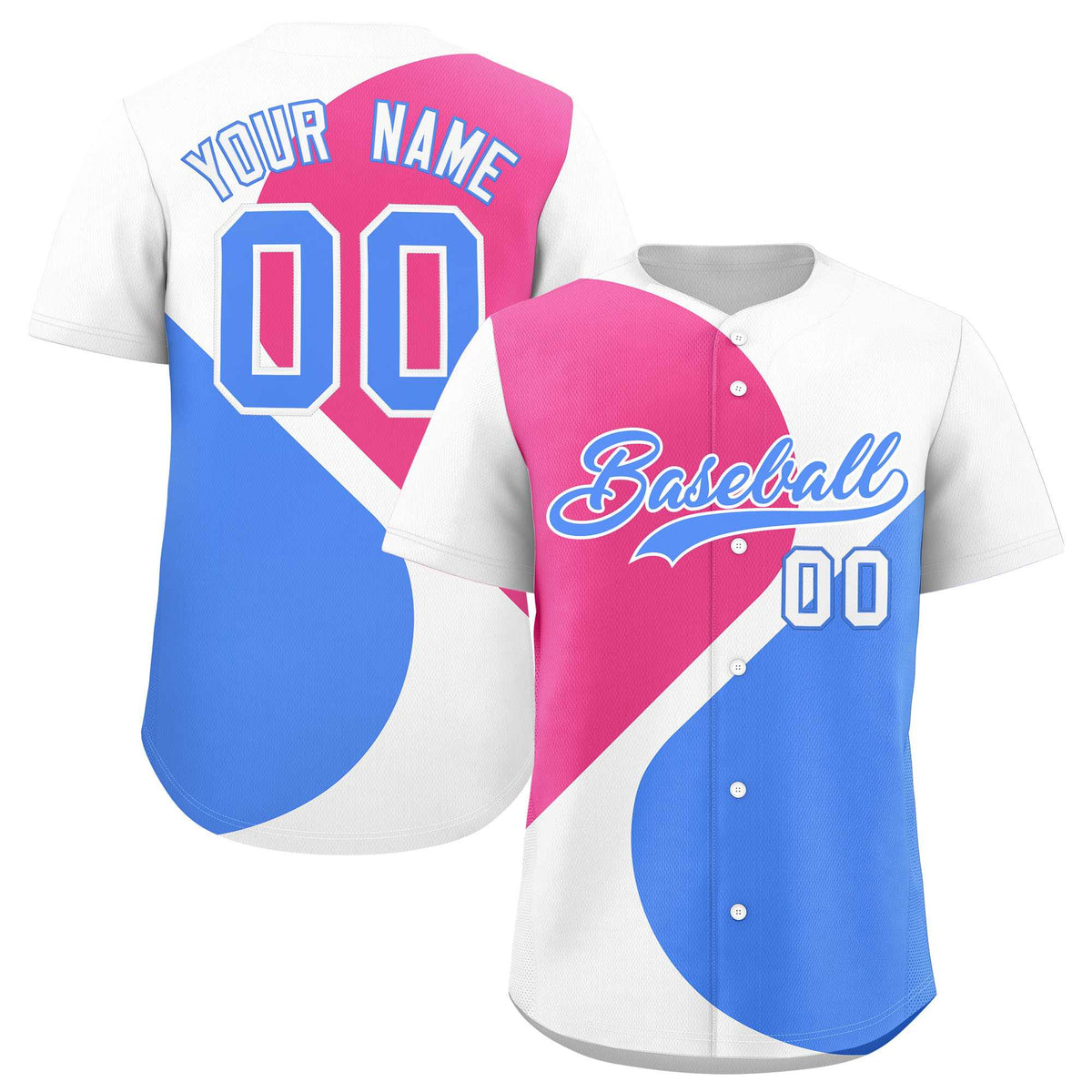 Custom White Pink-Powder Blue Color Block Personalized Half Heart Pattern Authentic Baseball Jersey