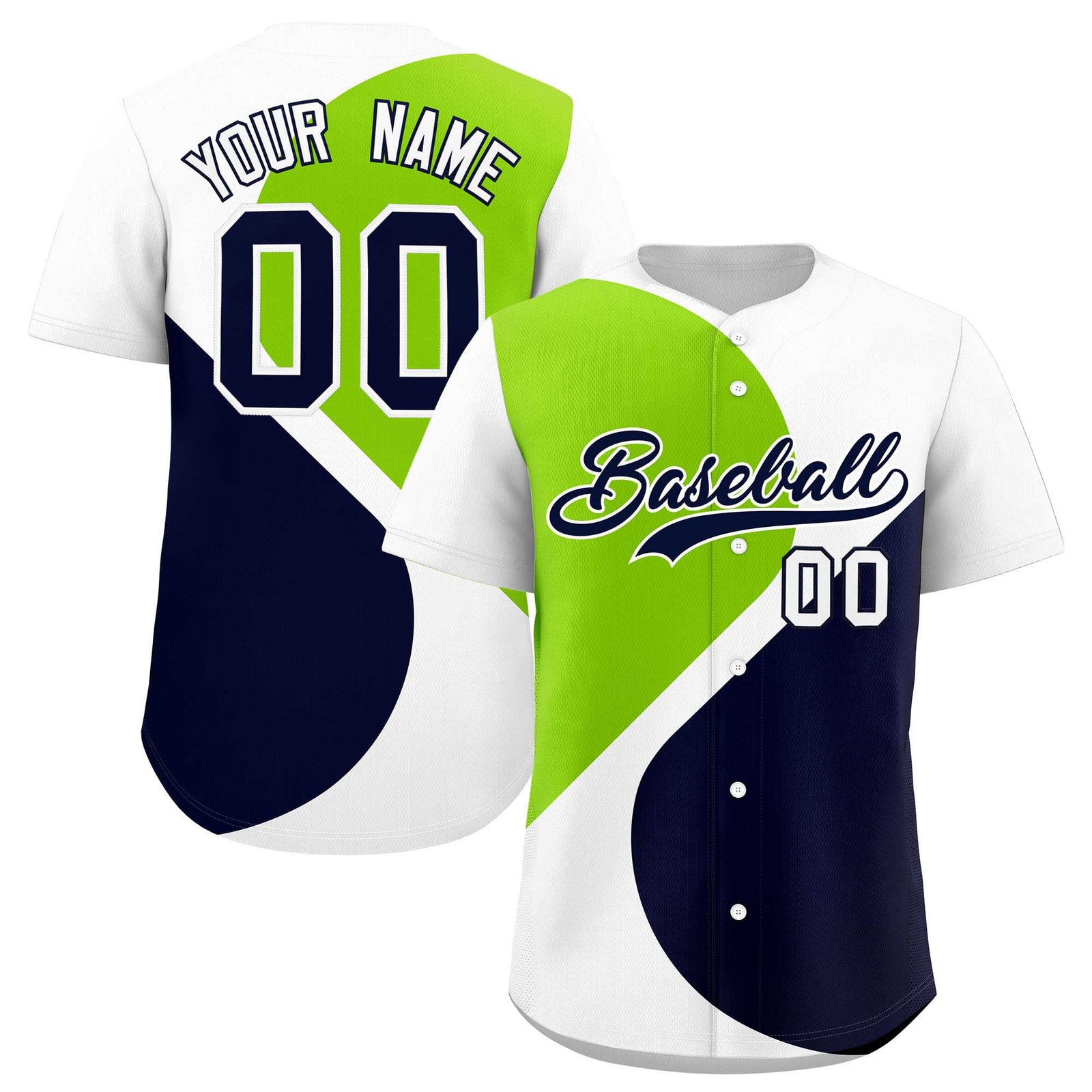 Custom White Neon Green-Navy Color Block Personalized Half Heart Pattern Authentic Baseball Jersey