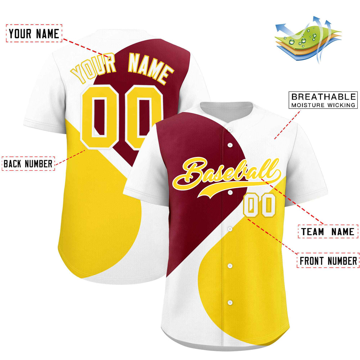 Custom White Crimson-Gold Color Block Personalized Half Heart Pattern Authentic Baseball Jersey