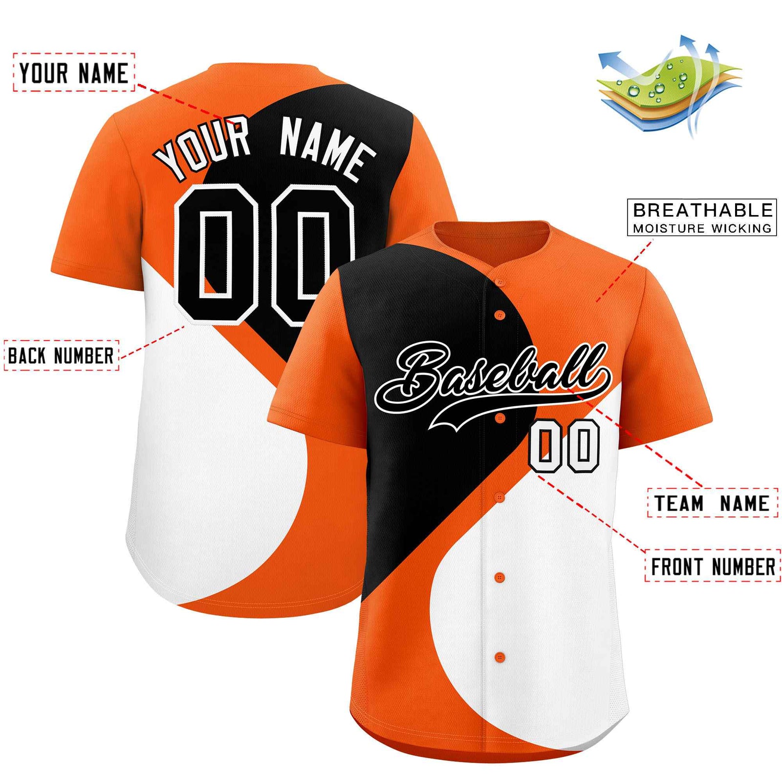 Custom Orange Black-White Color Block Personalized Half Heart Pattern Authentic Baseball Jersey