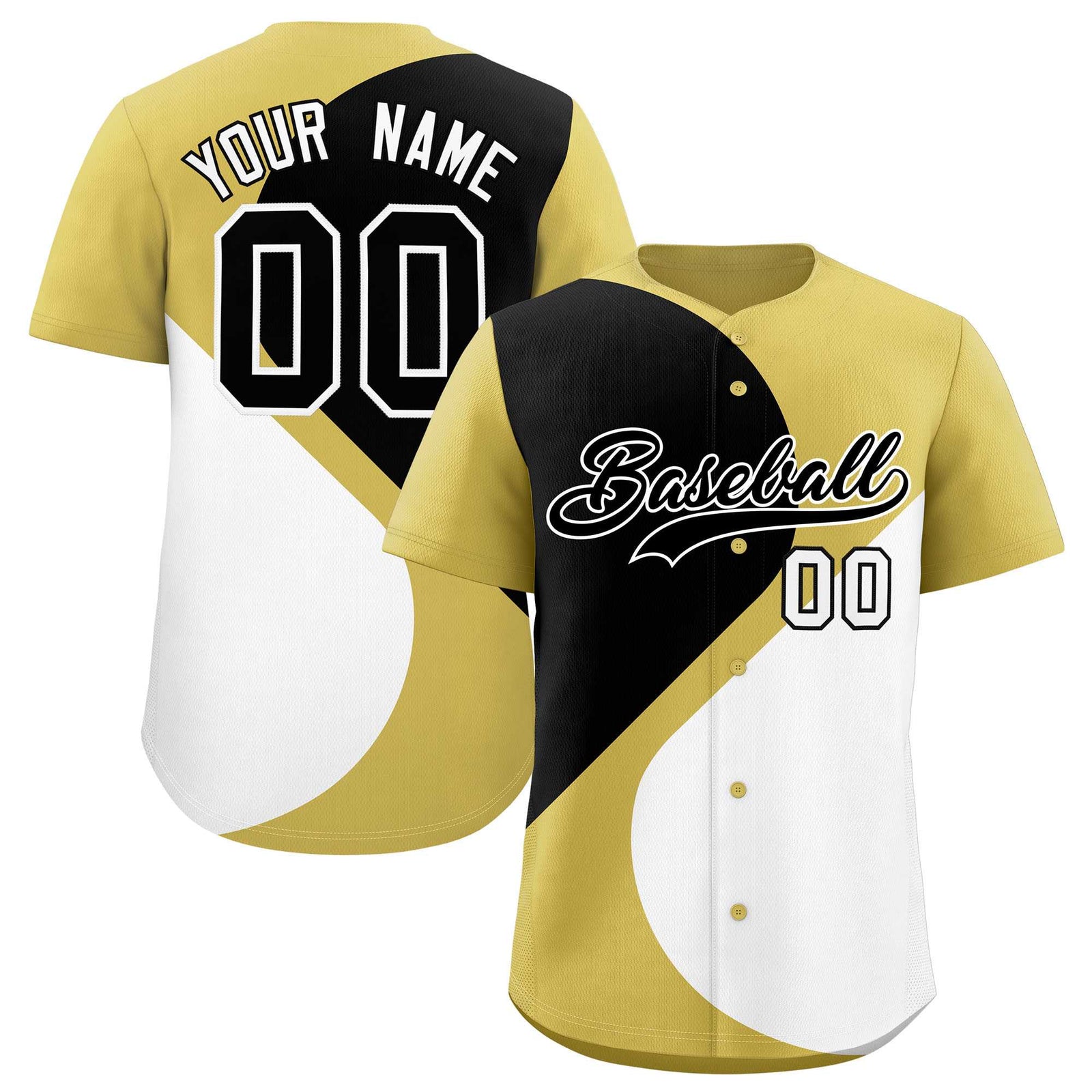 Custom Old Gold Black-White Color Block Personalized Half Heart Pattern Authentic Baseball Jersey