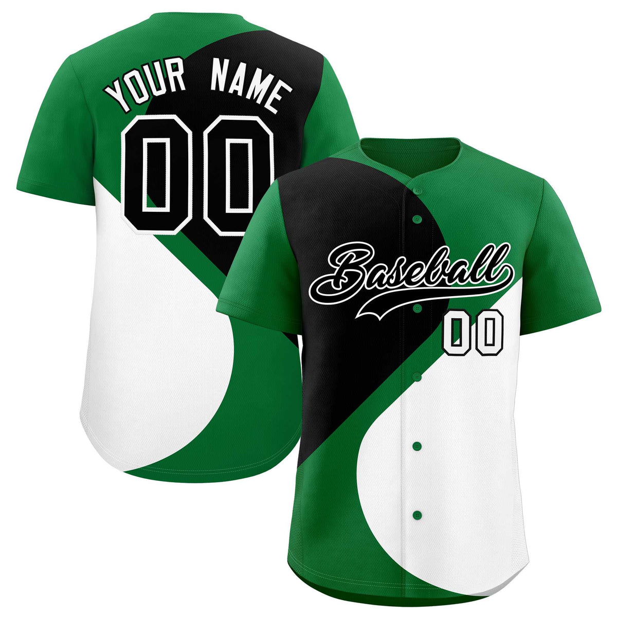 Custom Kelly Green Black-White Color Block Personalized Half Heart Pattern Authentic Baseball Jersey
