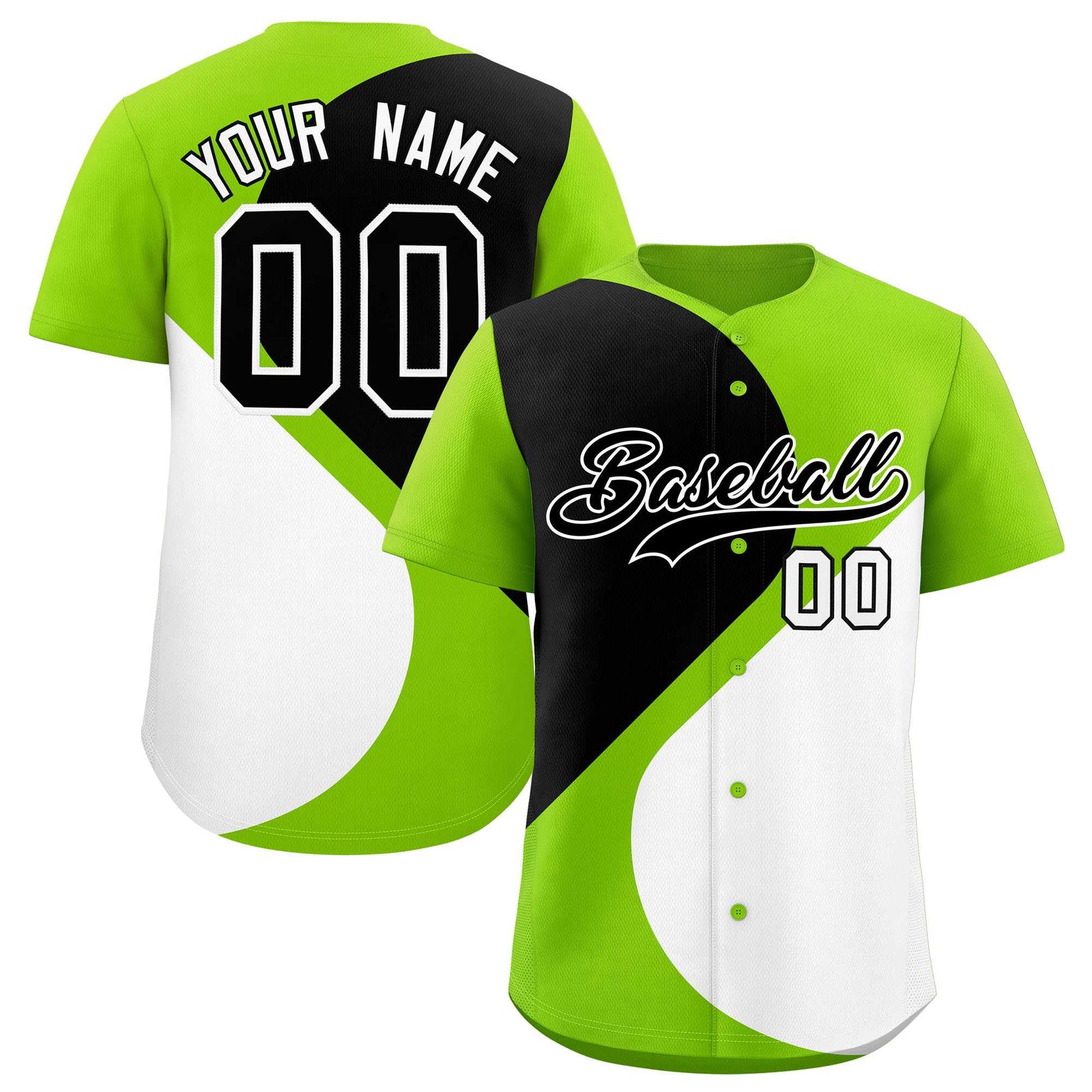 Custom Neon Green Black-White Color Block Personalized Half Heart Pattern Authentic Baseball Jersey