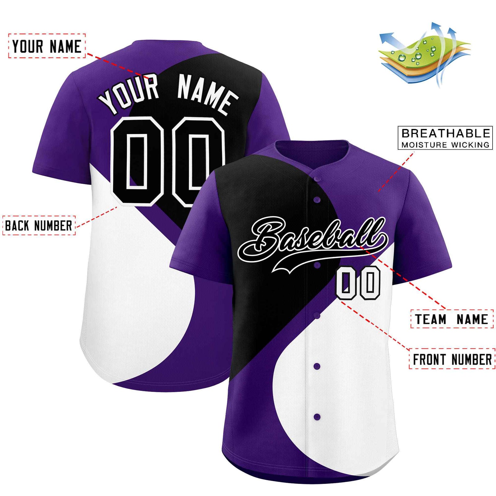 Custom Purple Black-White Color Block Personalized Half Heart Pattern Authentic Baseball Jersey