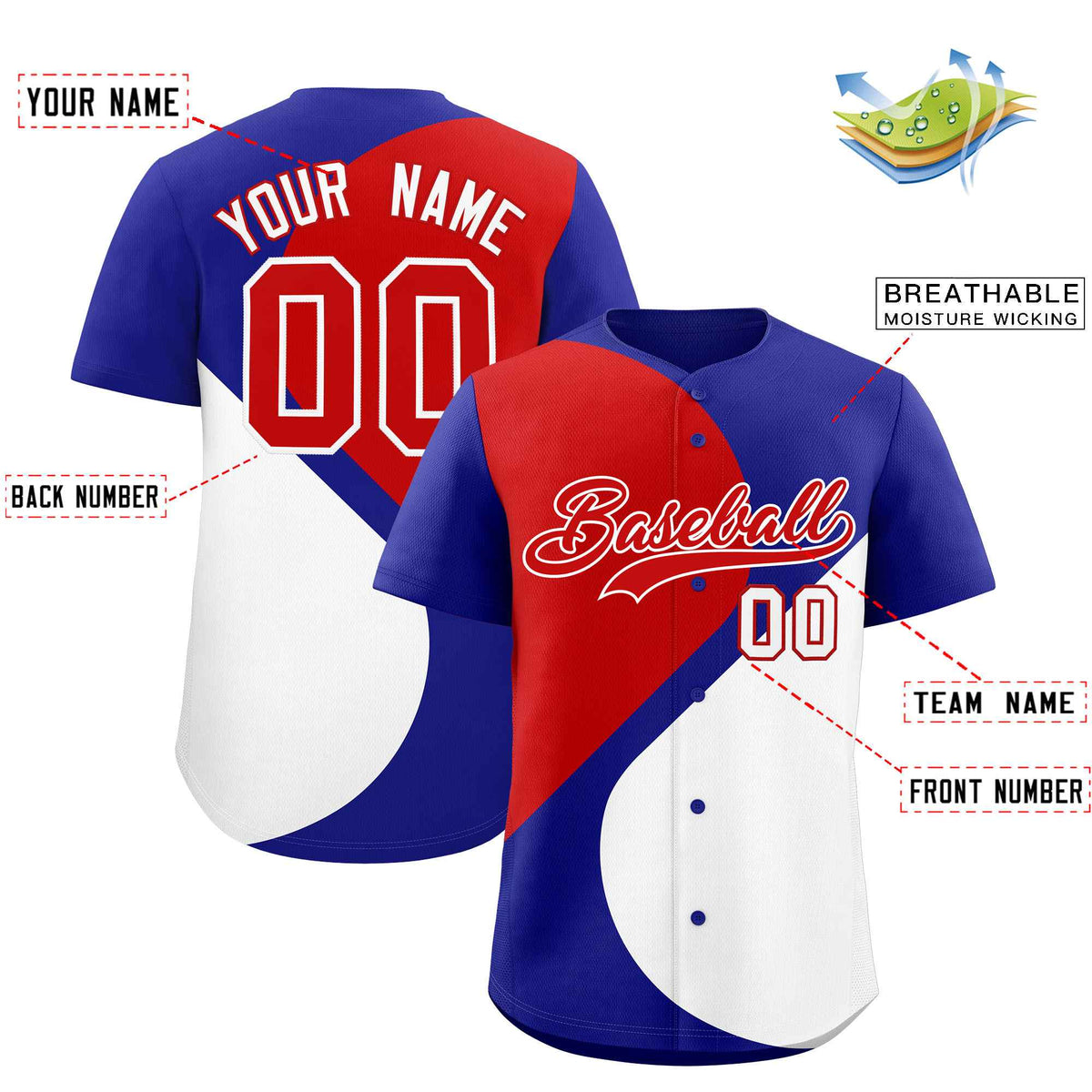 Custom Royal Red-White Color Block Personalized Half Heart Pattern Authentic Baseball Jersey