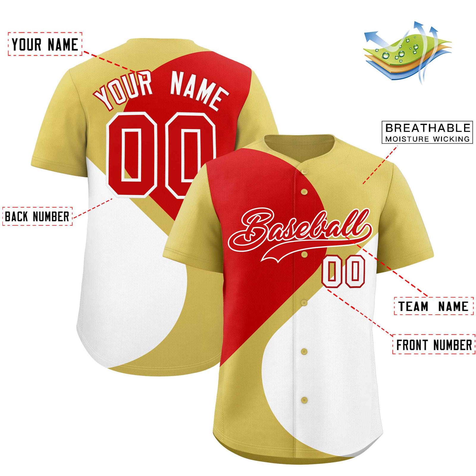 Custom Old Gold Red-White Color Block Personalized Half Heart Pattern Authentic Baseball Jersey