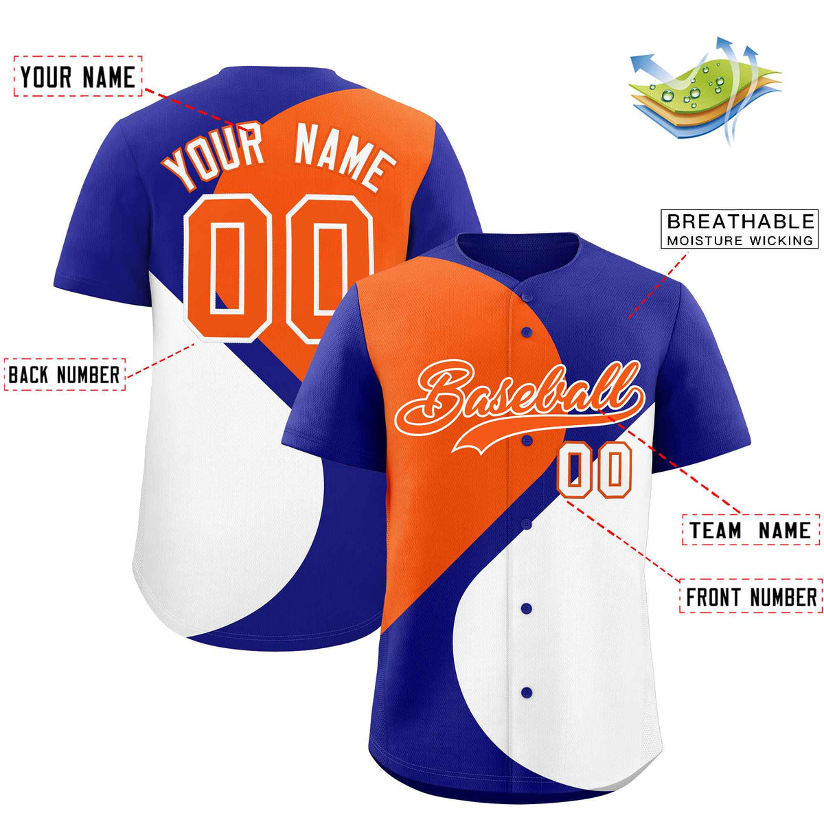 Custom Royal Orange-White Color Block Personalized Half Heart Pattern Authentic Baseball Jersey