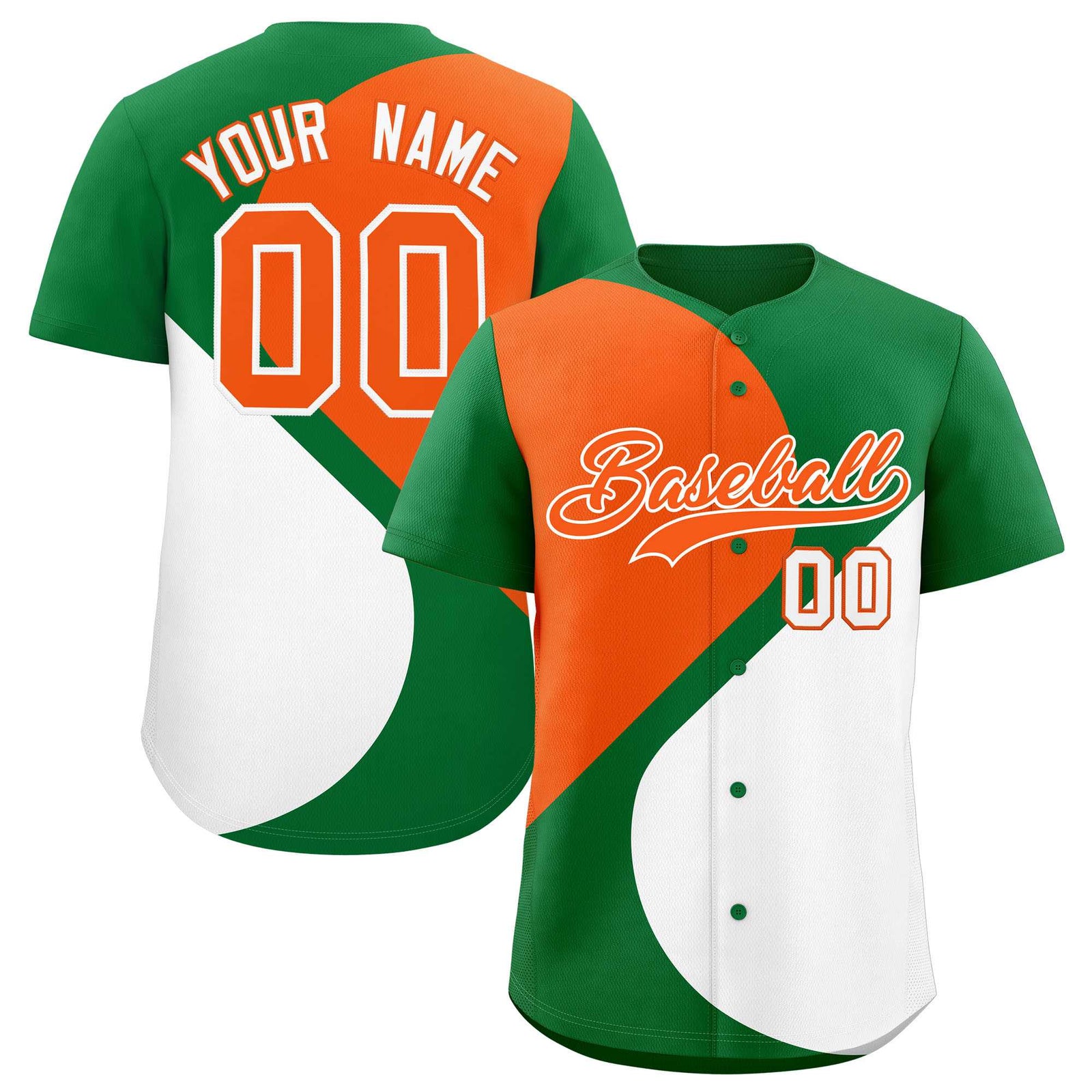 Custom Kelly Green Orange-White Color Block Personalized Half Heart Pattern Authentic Baseball Jersey