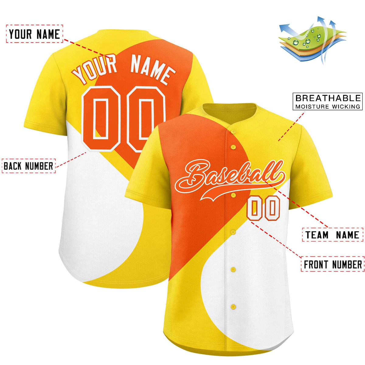 Custom Gold Orange-White Color Block Personalized Half Heart Pattern Authentic Baseball Jersey