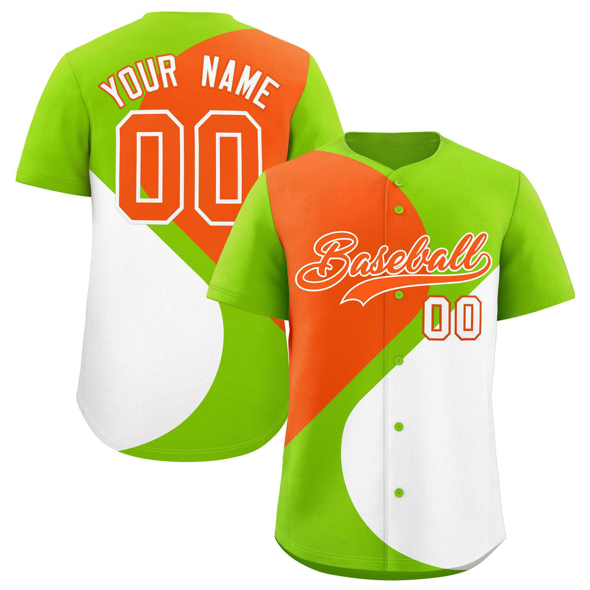 Custom Neon Green Orange-White Color Block Personalized Half Heart Pattern Authentic Baseball Jersey
