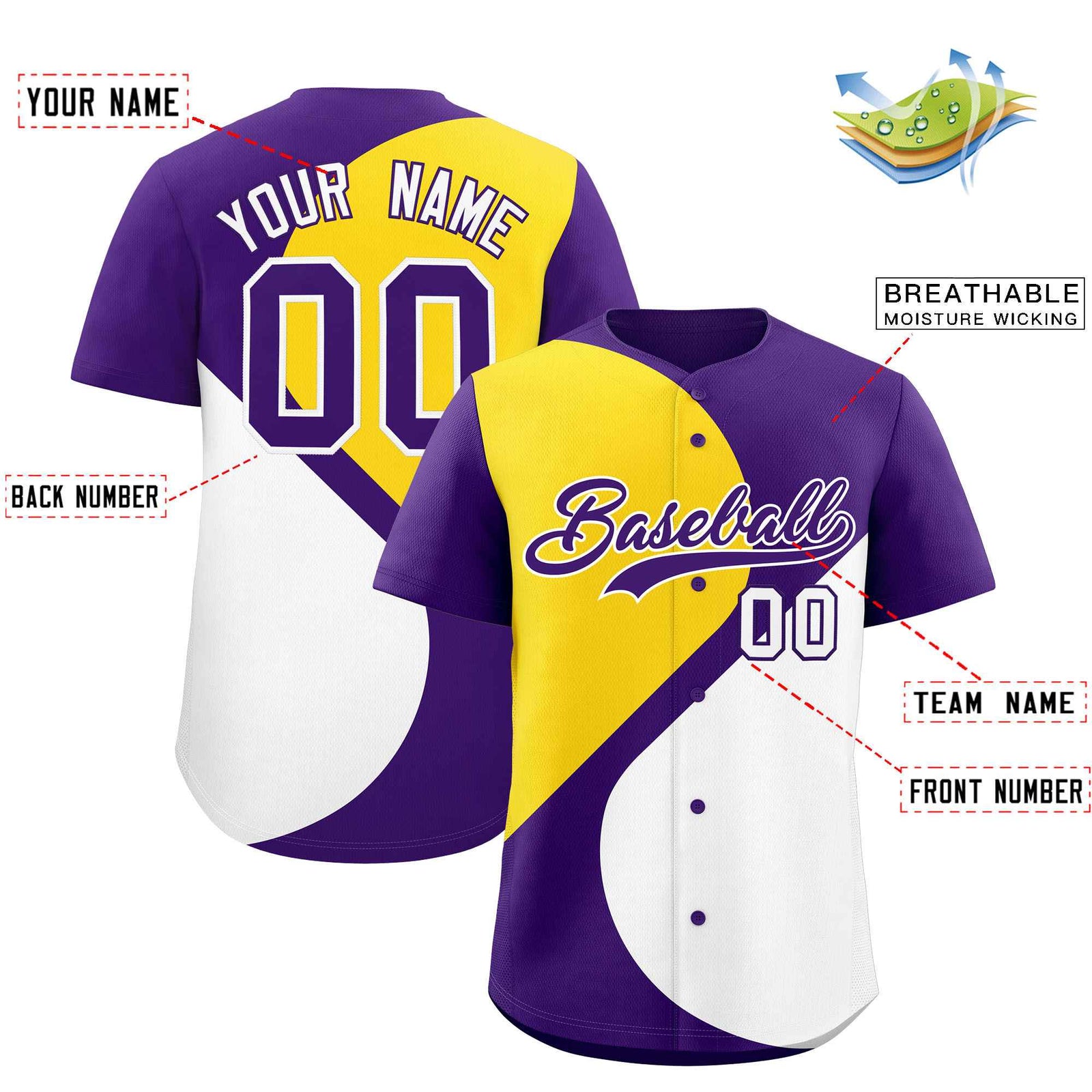Custom Purple Gold-White Color Block Personalized Half Heart Pattern Authentic Baseball Jersey