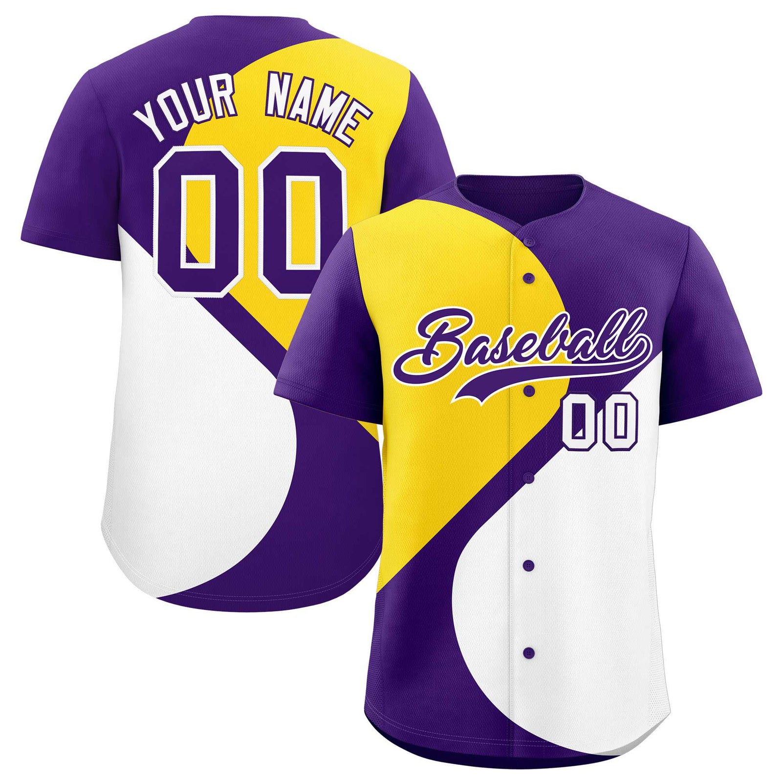 Custom Purple Gold-White Color Block Personalized Half Heart Pattern Authentic Baseball Jersey