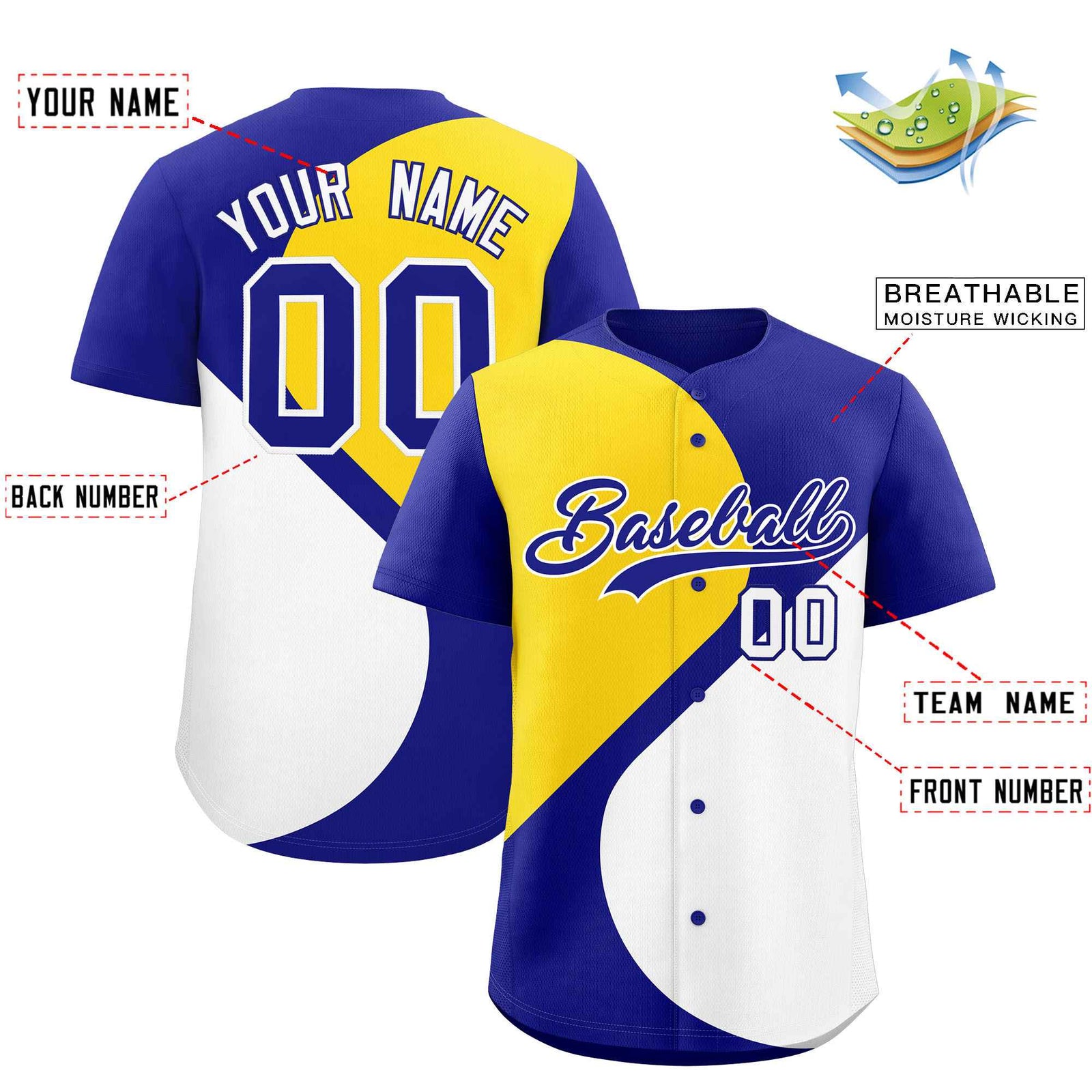 Custom Royal Gold-White Color Block Personalized Half Heart Pattern Authentic Baseball Jersey