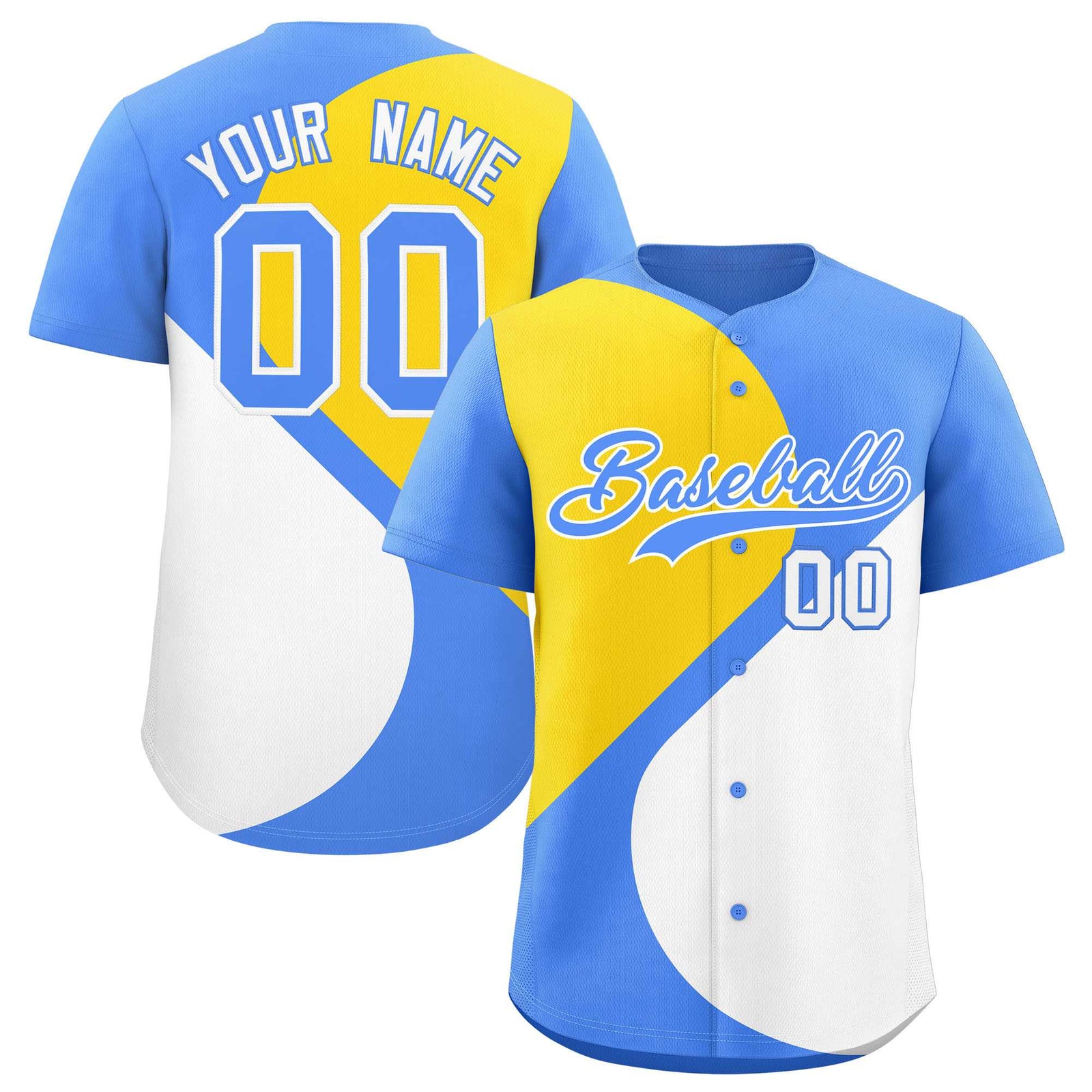 Custom Powder Blue Gold-White Color Block Personalized Half Heart Pattern Authentic Baseball Jersey