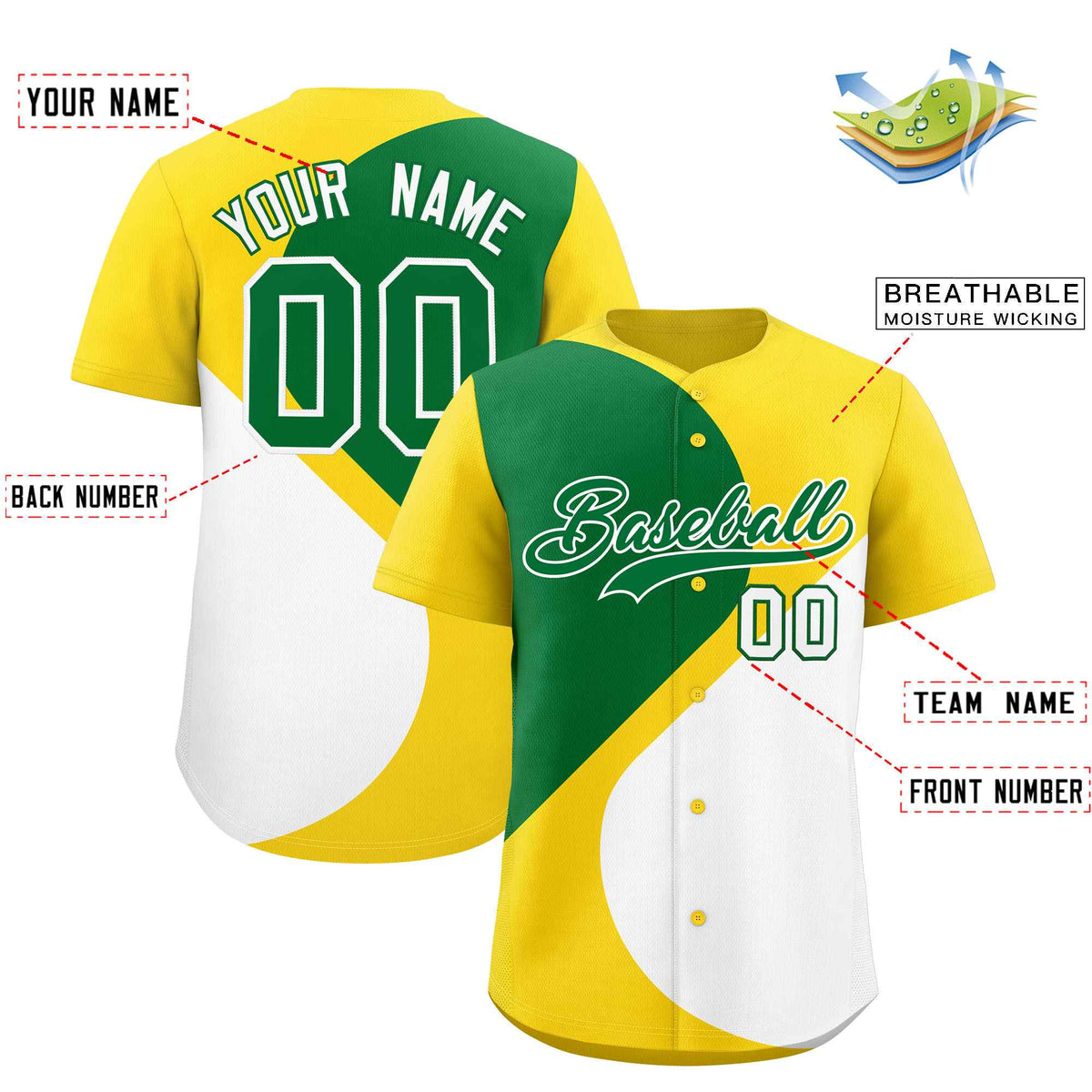 Custom Gold Kelly Green-White Color Block Personalized Half Heart Pattern Authentic Baseball Jersey