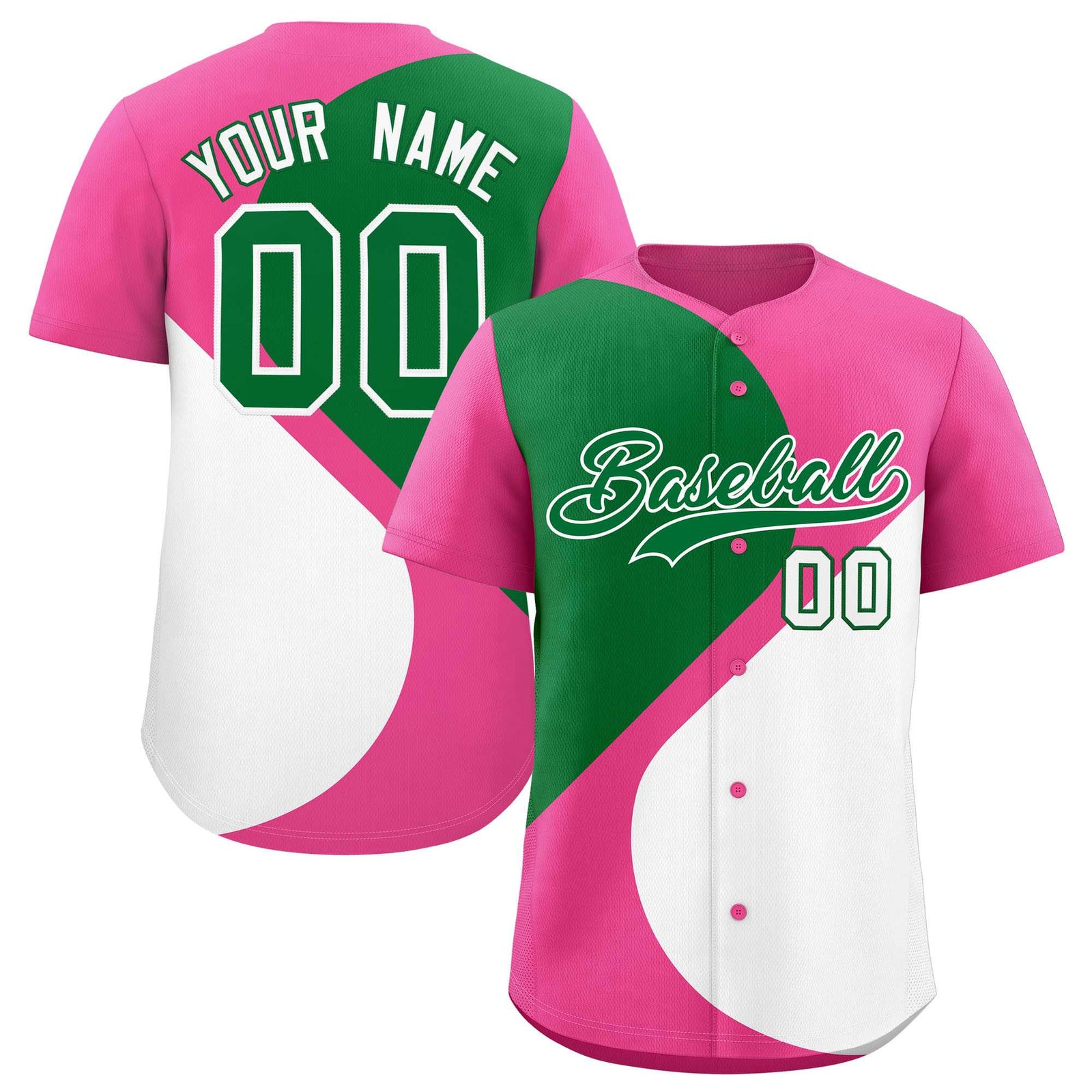 Custom Pink Kelly Green-White Color Block Personalized Half Heart Pattern Authentic Baseball Jersey