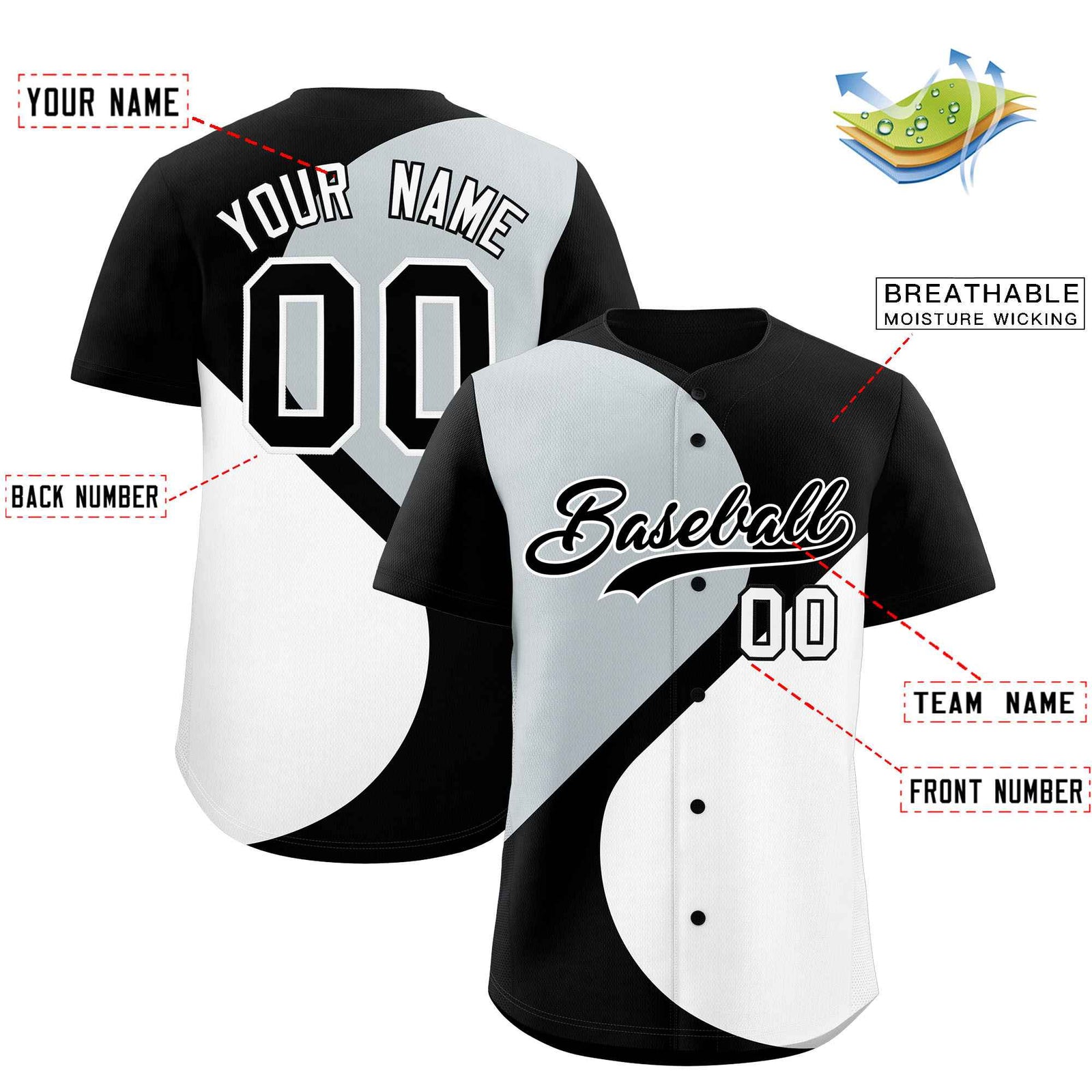 Custom Black Silver-White Color Block Personalized Half Heart Pattern Authentic Baseball Jersey