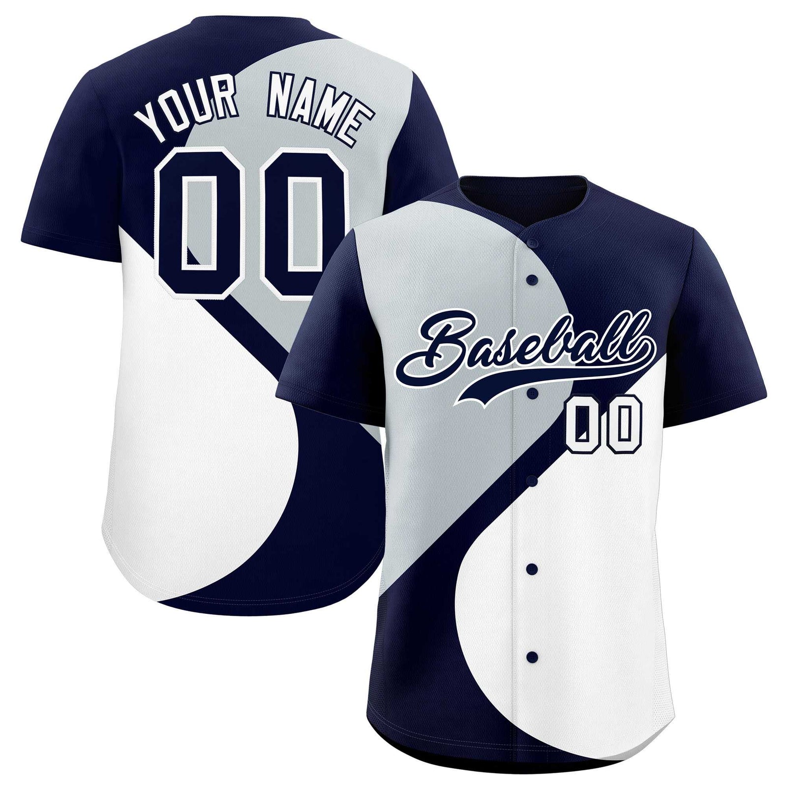 Custom Navy Silver-White Color Block Personalized Half Heart Pattern Authentic Baseball Jersey