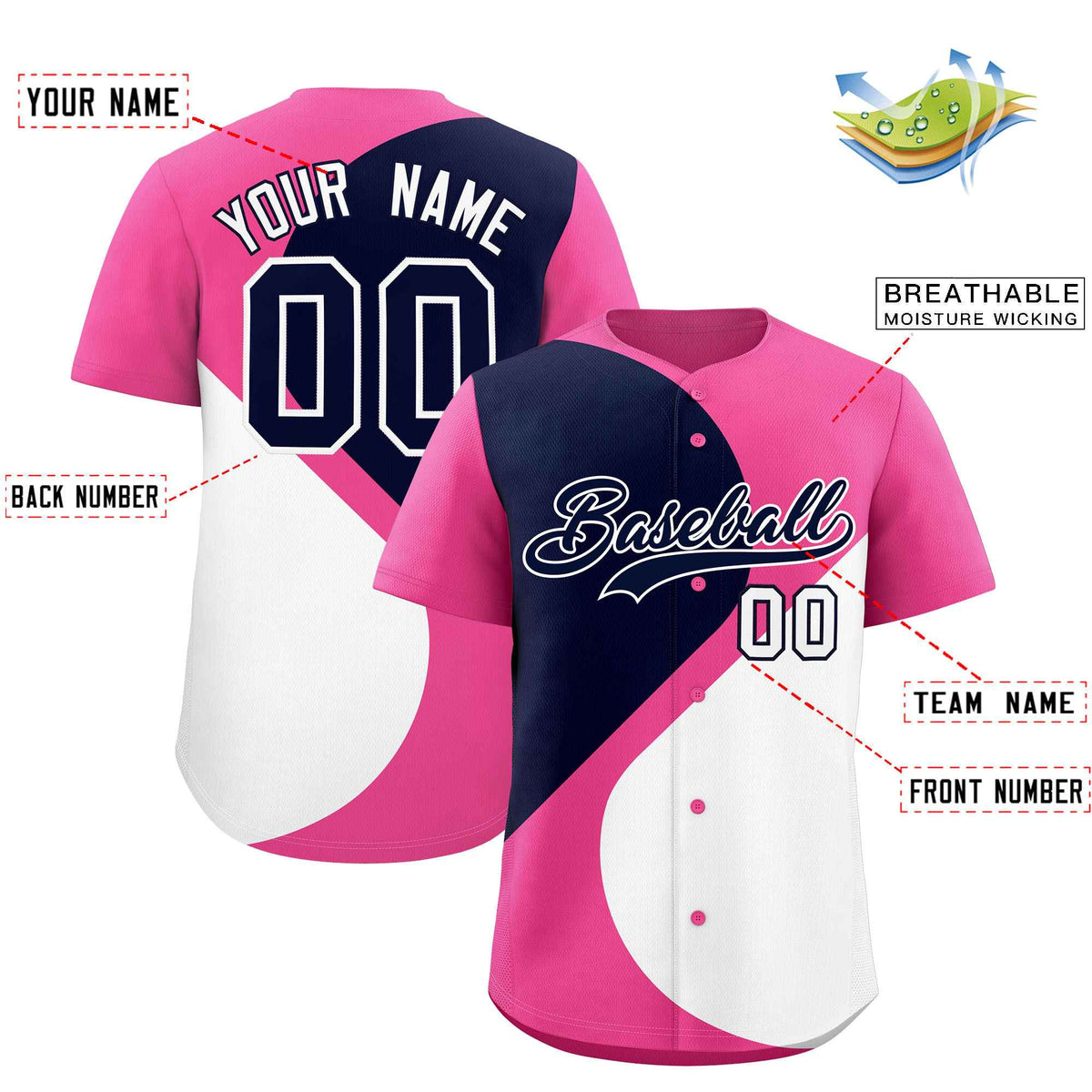 Custom Pink Navy-White Color Block Personalized Half Heart Pattern Authentic Baseball Jersey