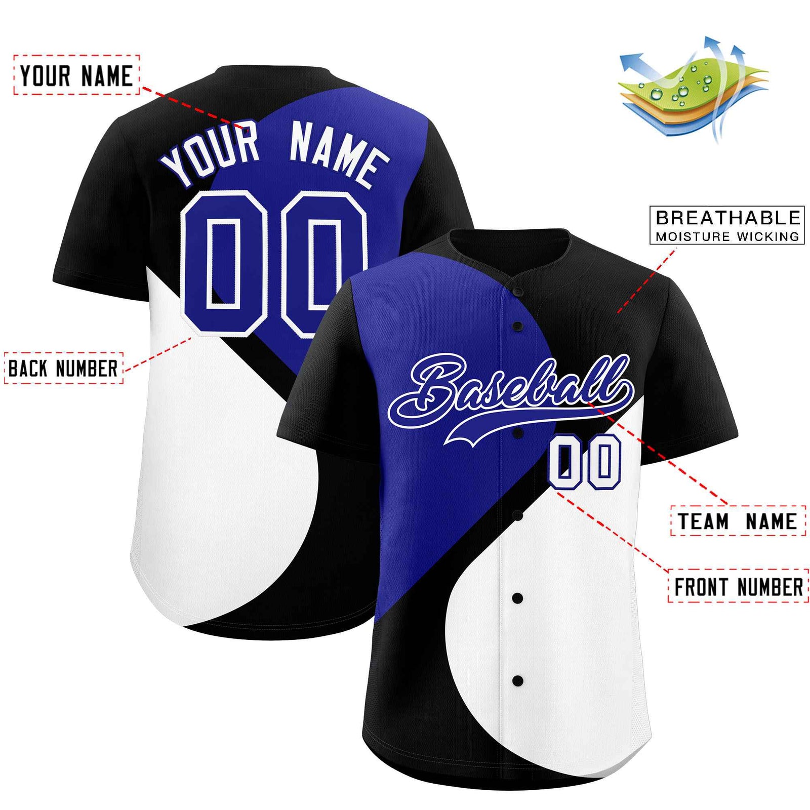 Custom Black Royal-White Color Block Personalized Half Heart Pattern Authentic Baseball Jersey