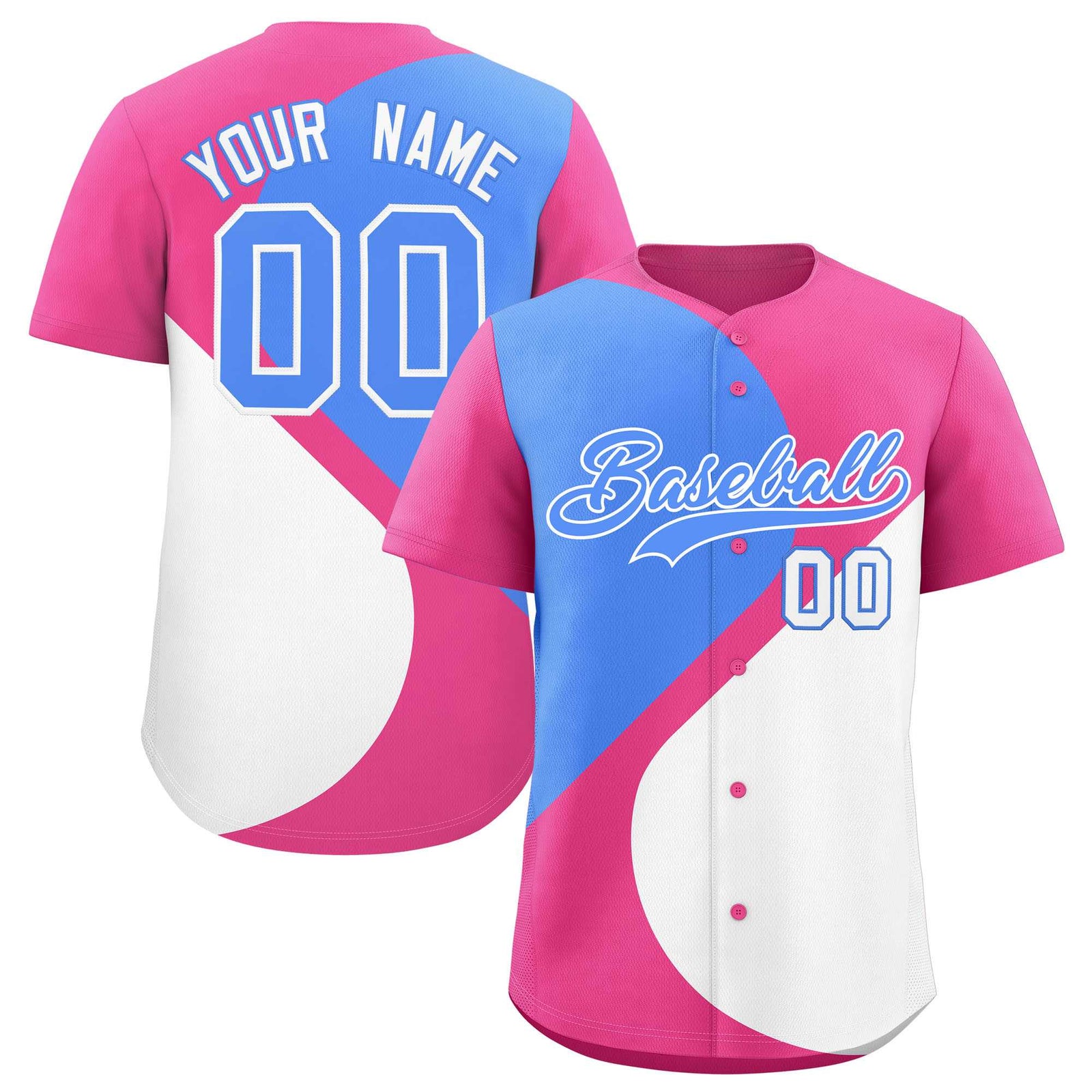 Custom Pink Powder Blue-White Color Block Personalized Half Heart Pattern Authentic Baseball Jersey