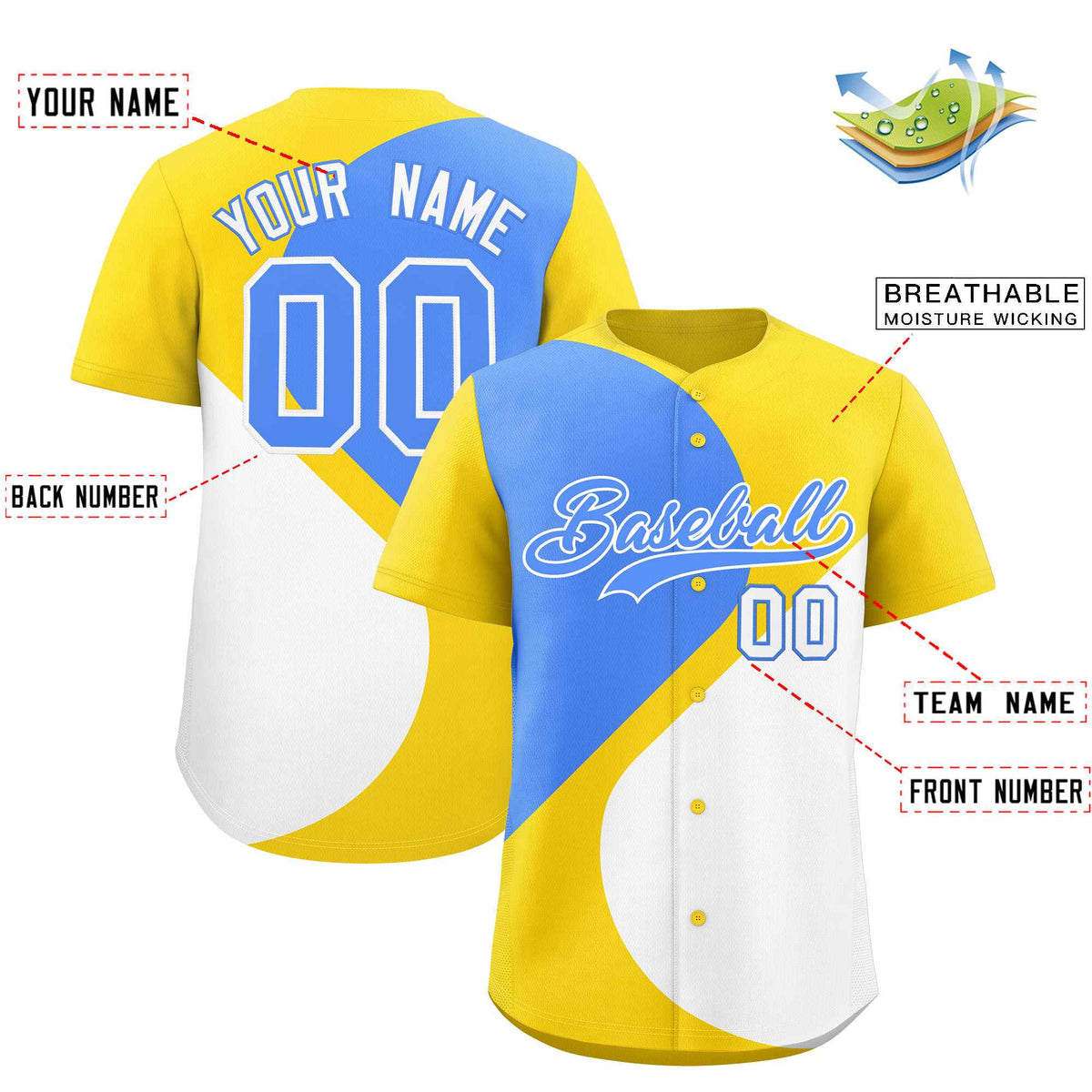 Custom Gold Powder Blue-White Color Block Personalized Half Heart Pattern Authentic Baseball Jersey