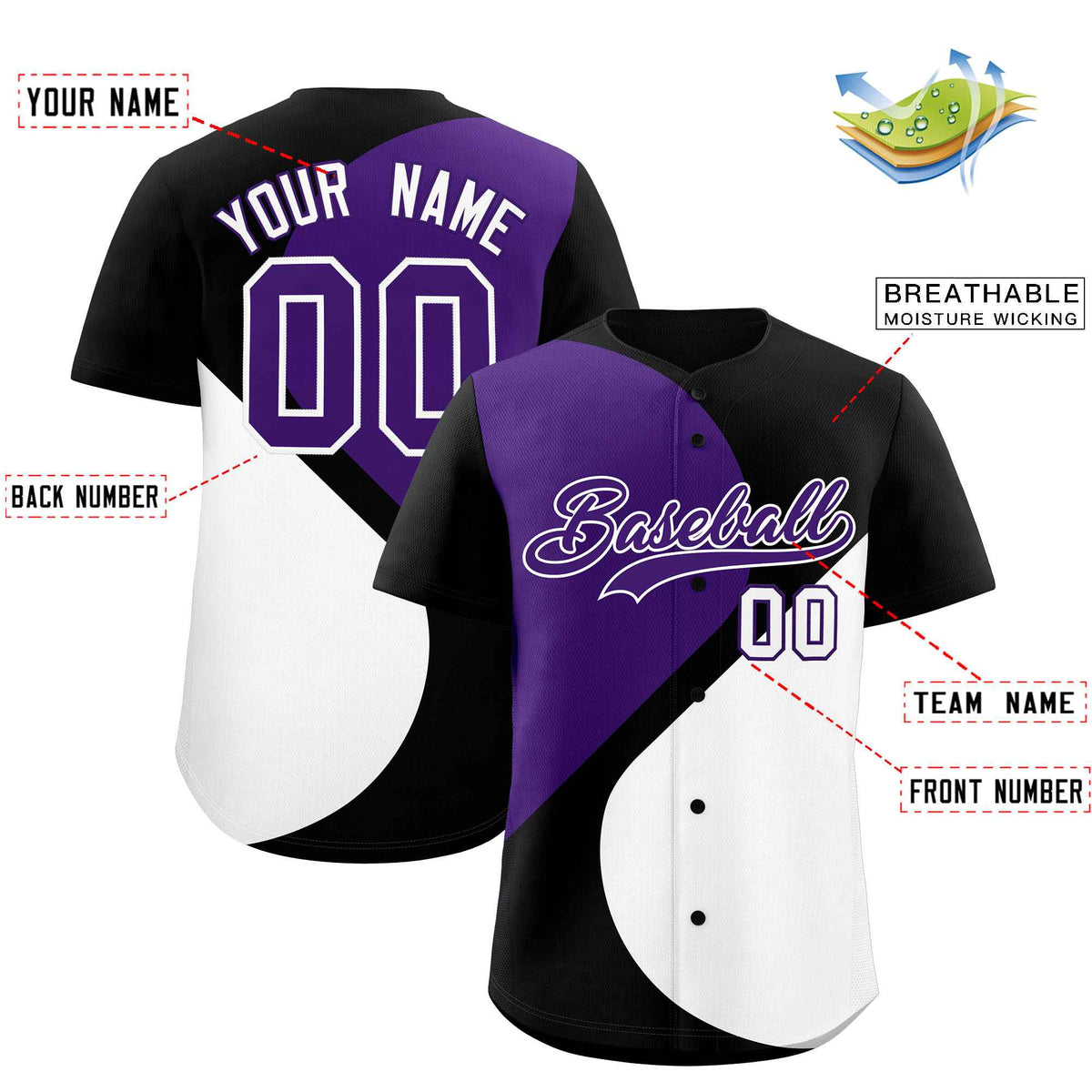 Custom Black Purple-White Color Block Personalized Half Heart Pattern Authentic Baseball Jersey