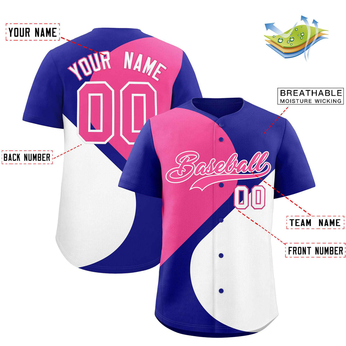 Custom Royal Pink-White Color Block Personalized Half Heart Pattern Authentic Baseball Jersey