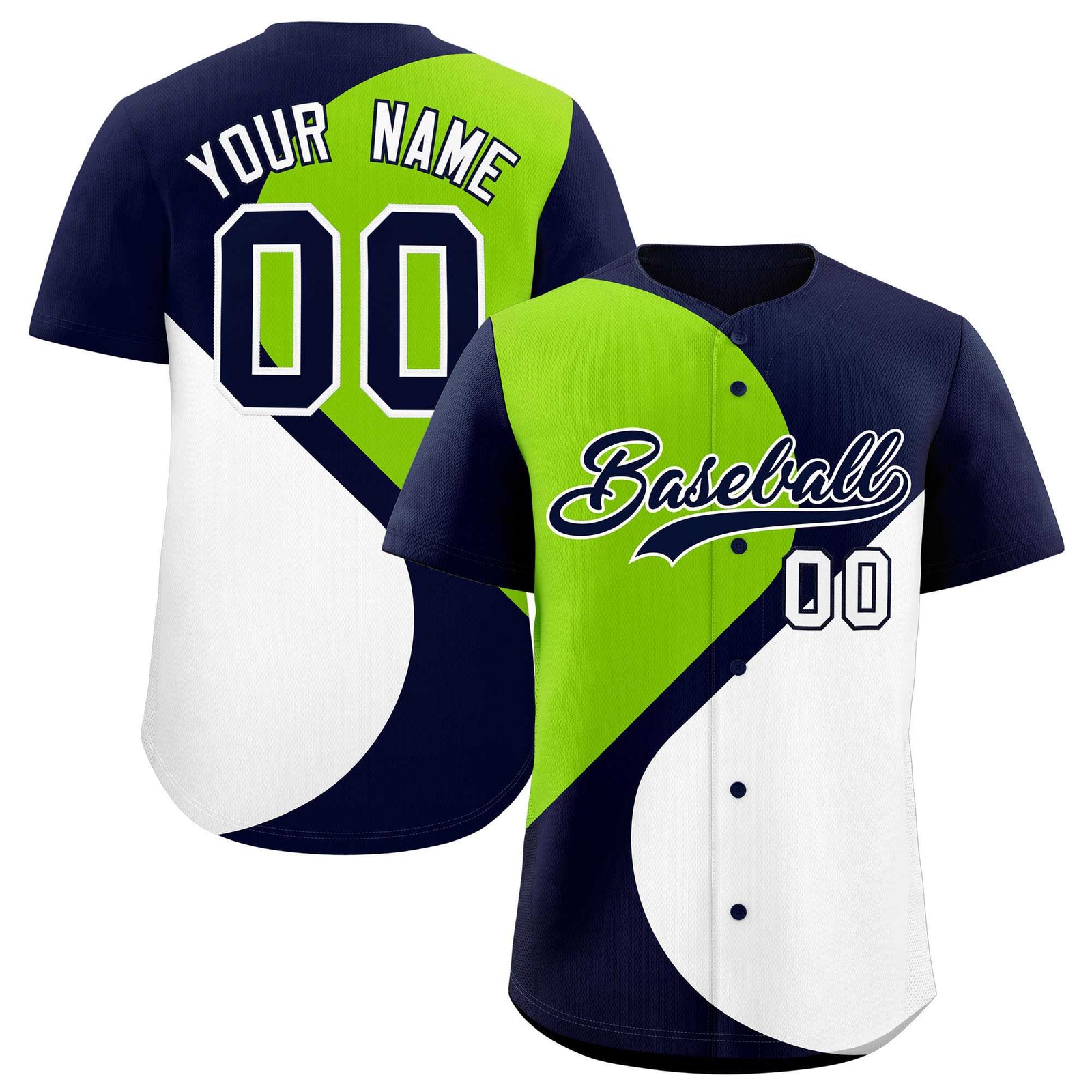 Custom Navy Neon Green-White Color Block Personalized Half Heart Pattern Authentic Baseball Jersey
