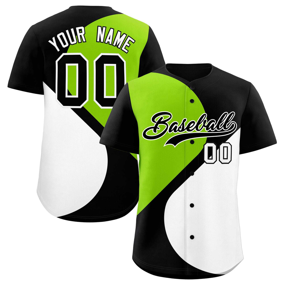Custom Black Neon Green-White Color Block Personalized Half Heart Pattern Authentic Baseball Jersey