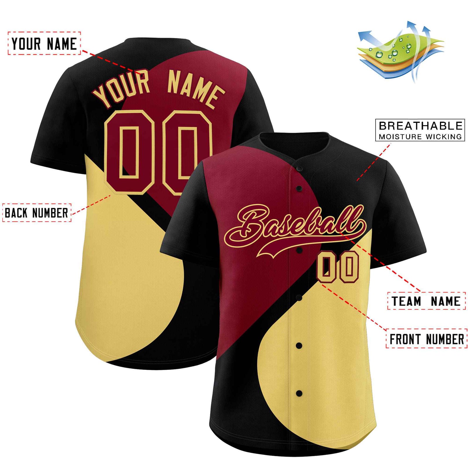 Custom Black Crimson-Khaki Color Block Personalized Half Heart Pattern Authentic Baseball Jersey