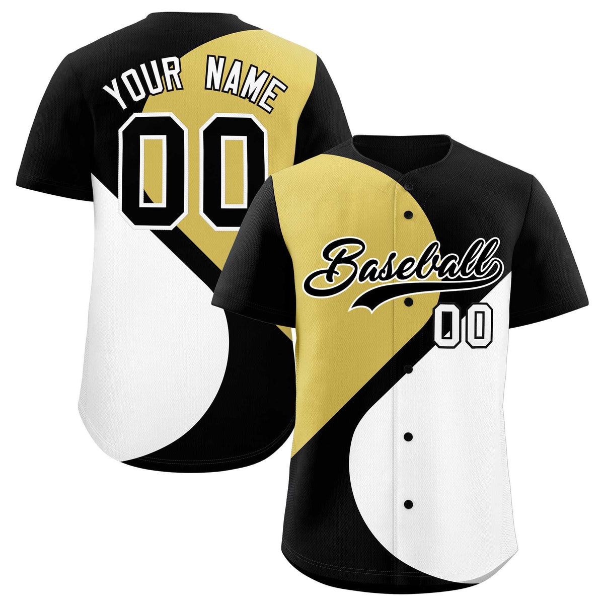 Custom Black Old Gold-White Color Block Personalized Half Heart Pattern Authentic Baseball Jersey