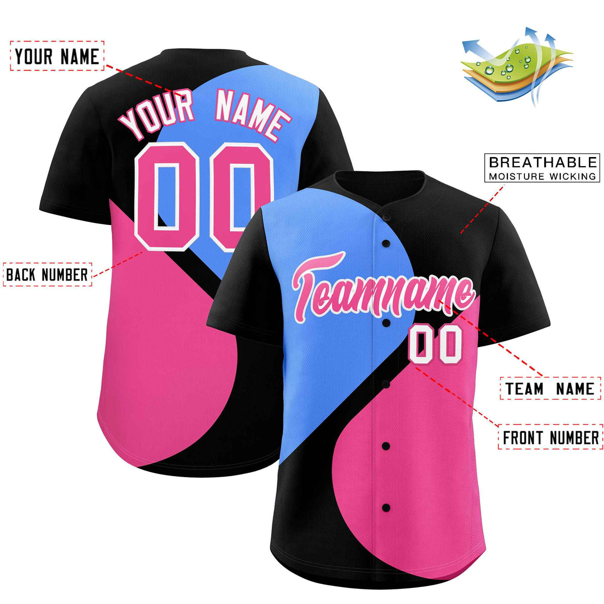 Custom Black Powder Blue-Pink Color Block Personalized Half Heart Pattern Authentic Baseball Jersey