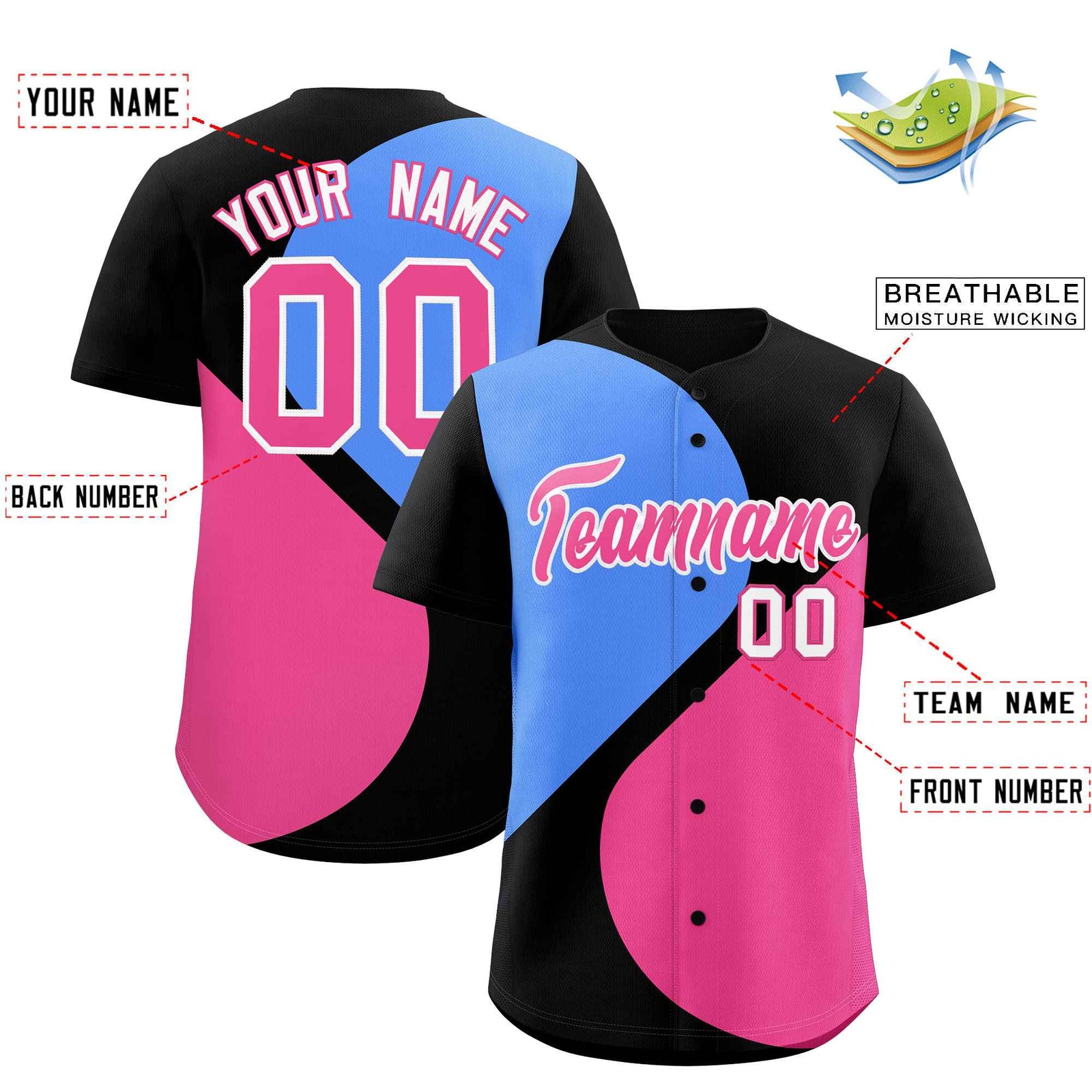 Custom Black Powder Blue-Pink Color Block Personalized Half Heart Pattern Authentic Baseball Jersey