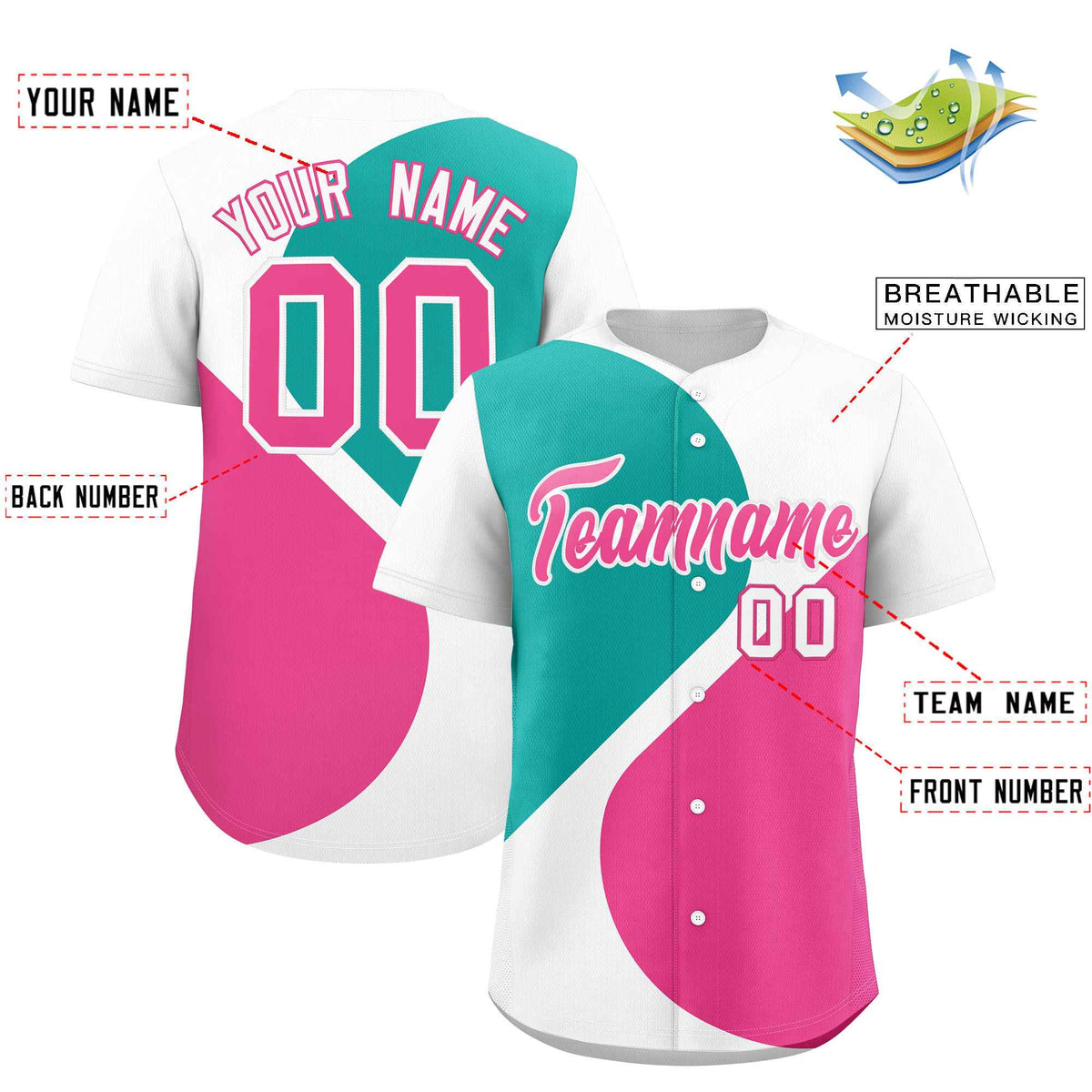 Custom White Aqua-Pink Color Block Personalized Half Heart Pattern Authentic Baseball Jersey