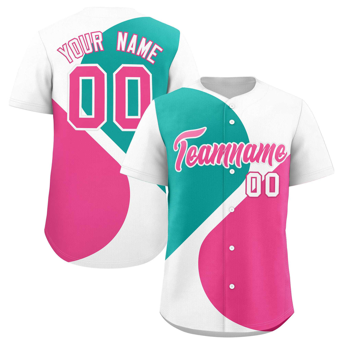 Custom White Aqua-Pink Color Block Personalized Half Heart Pattern Authentic Baseball Jersey