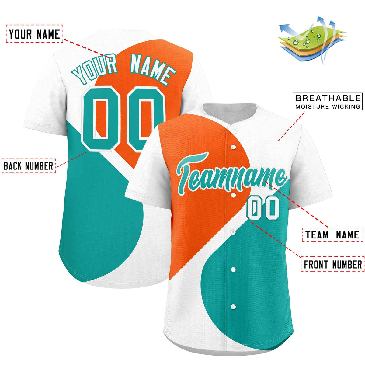 Custom White Orange-Aqua Color Block Personalized Half Heart Pattern Authentic Baseball Jersey